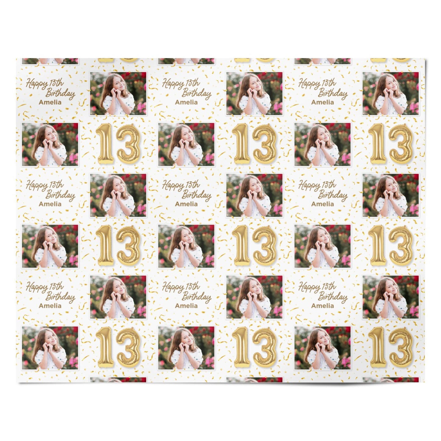 Personalised 13th Birthday Photo and Name Gold Balloon Celebration Design Personalised Wrapping Paper Alternative