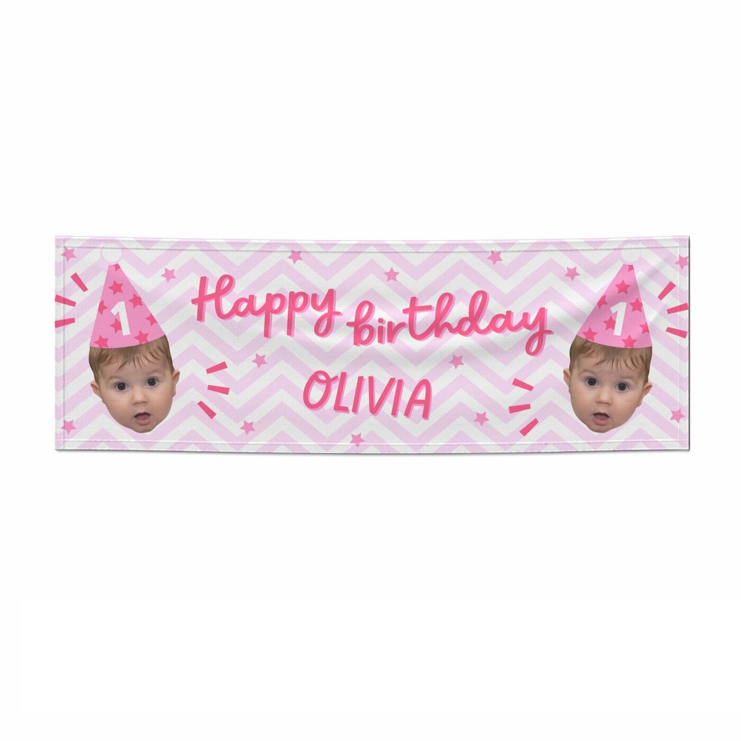 Pink Happy Birthday Personalised Face 3x1 Paper Banner