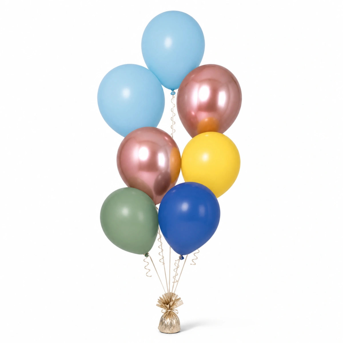 Pastel Blue, Rose Gold, Yellow, Eucalyptus & Royal Blue Balloon Bunch - photorealistic coordinated seven-balloon bunch