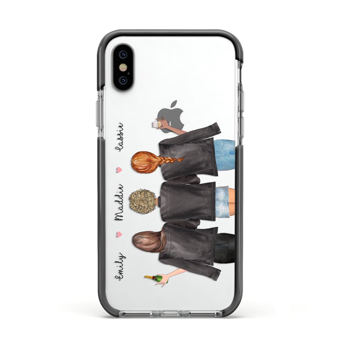 3 Best Friends with Names Apple iPhone Xs Impact Case Black Edge on Silver Phone