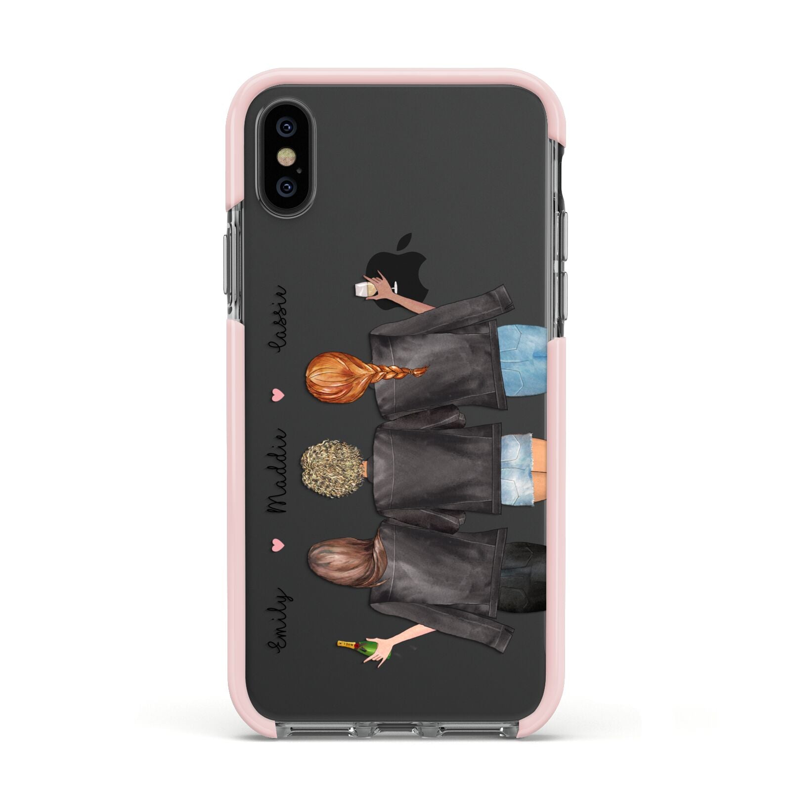 3 Best Friends with Names Apple iPhone Xs Impact Case Pink Edge on Black Phone