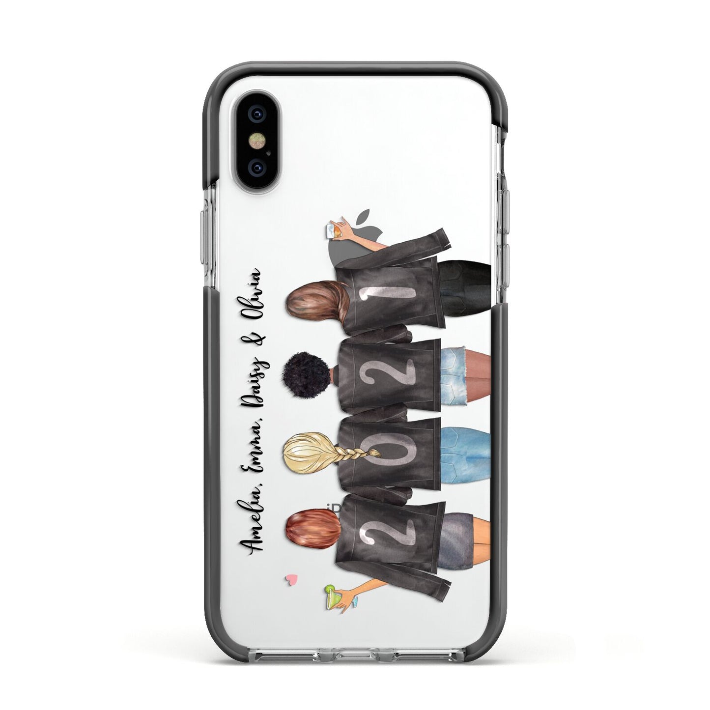 4 Best Friends with Names Apple iPhone Xs Impact Case Black Edge on Silver Phone