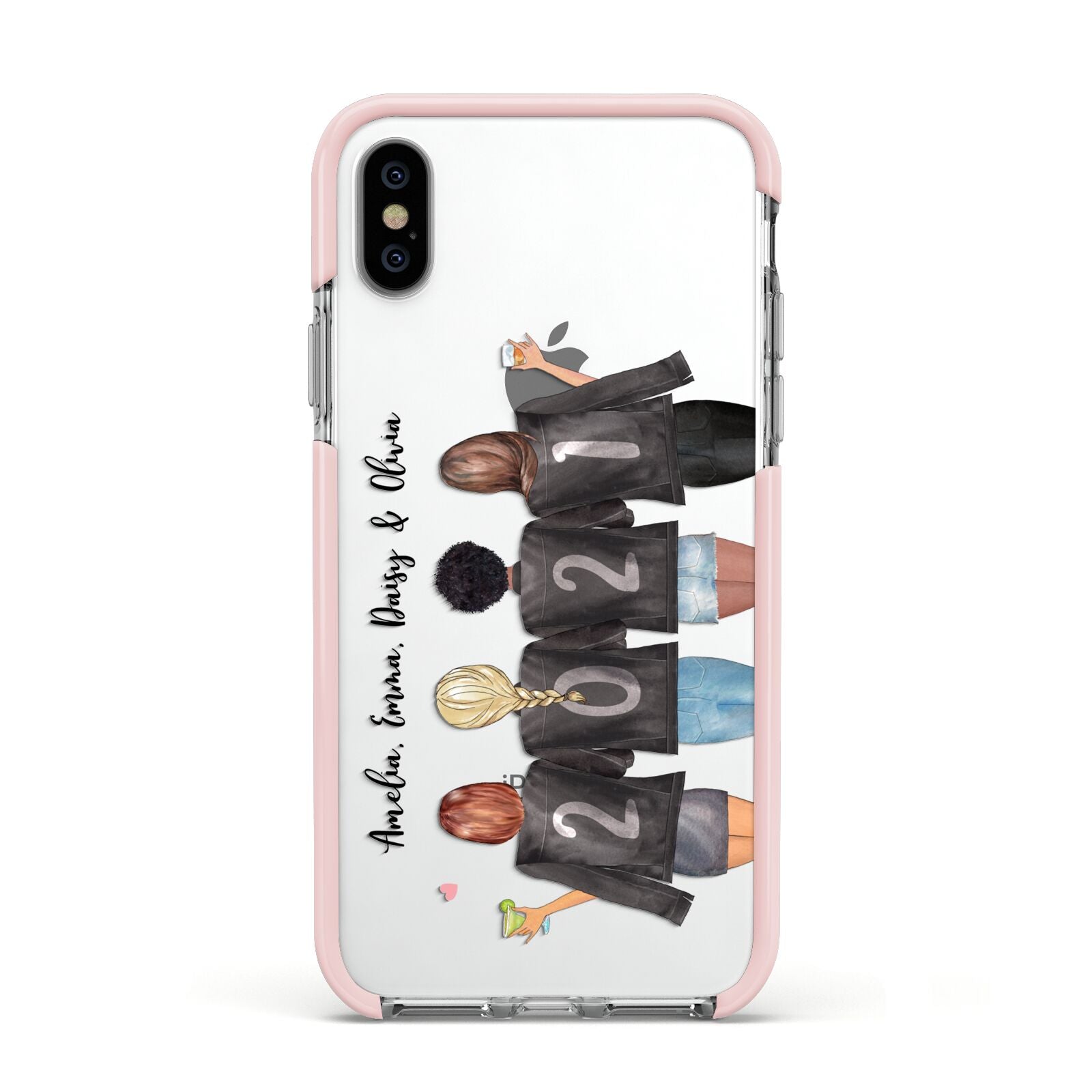 4 Best Friends with Names Apple iPhone Xs Impact Case Pink Edge on Silver Phone