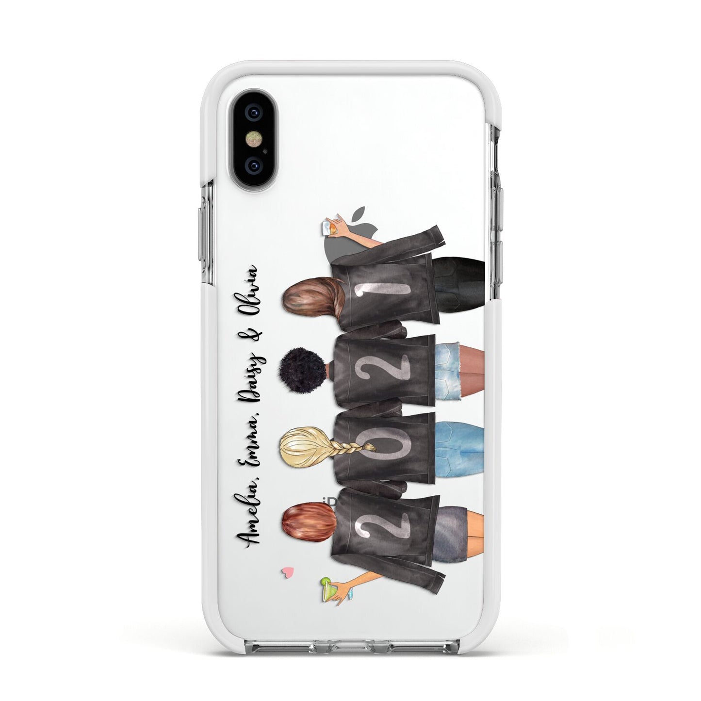 4 Best Friends with Names Apple iPhone Xs Impact Case White Edge on Silver Phone