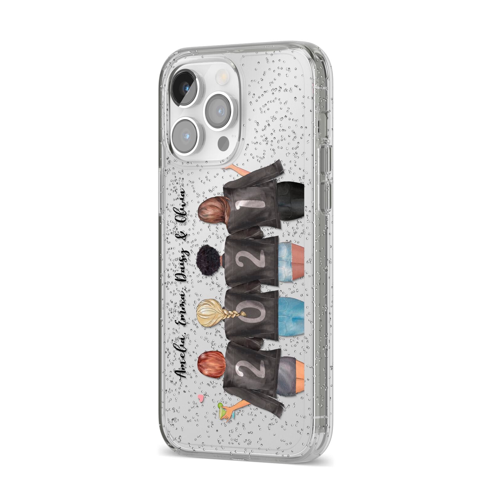 4 Best Friends with Names iPhone 14 Pro Max Glitter Tough Case Silver Angled Image