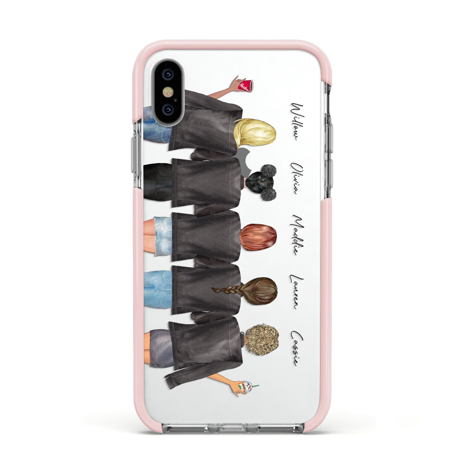 5 Best Friends with Names Apple iPhone Xs Impact Case Pink Edge on Silver Phone