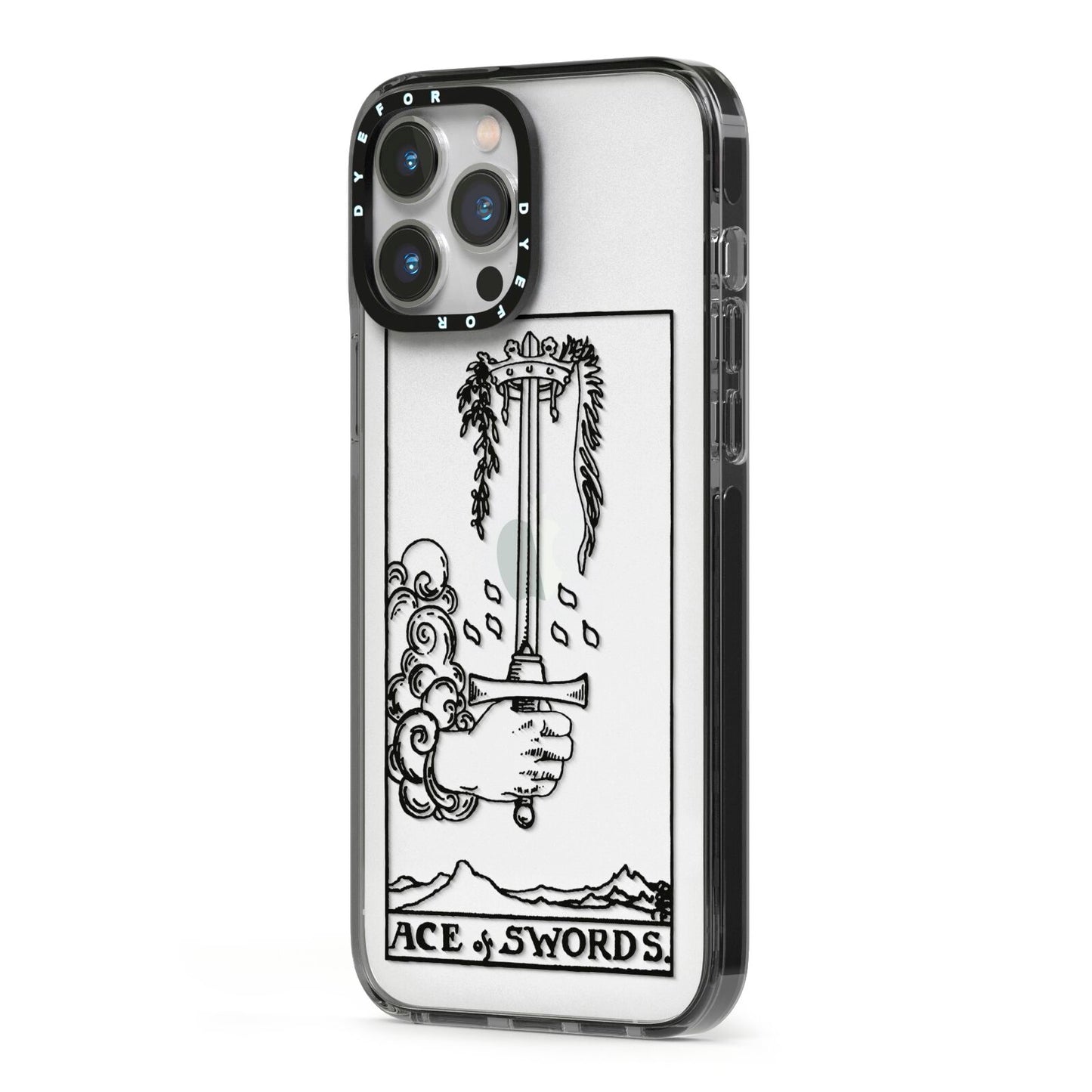 Ace of Swords Monochrome iPhone 13 Pro Max Black Impact Case Side Angle on Silver phone