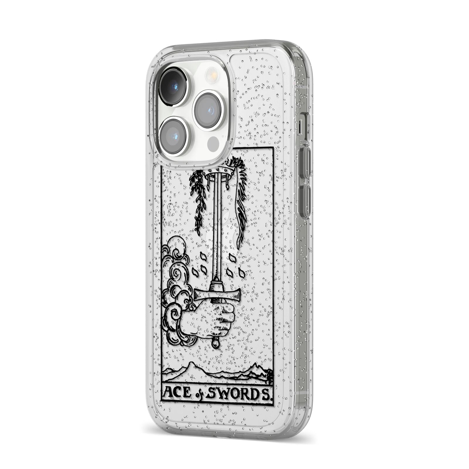 Ace of Swords Monochrome iPhone 14 Pro Glitter Tough Case Silver Angled Image