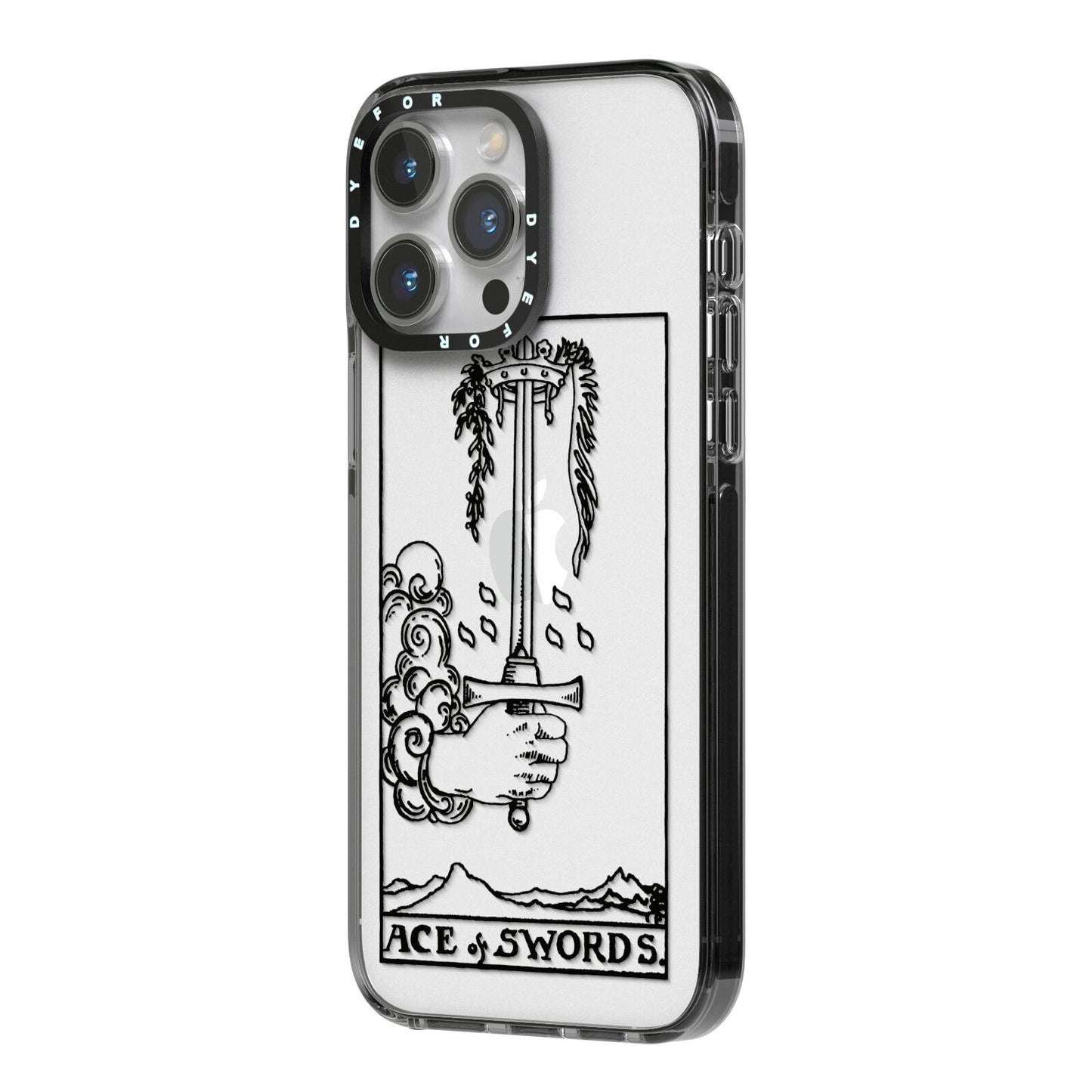 Ace of Swords Monochrome iPhone 14 Pro Max Black Impact Case Side Angle on Silver phone