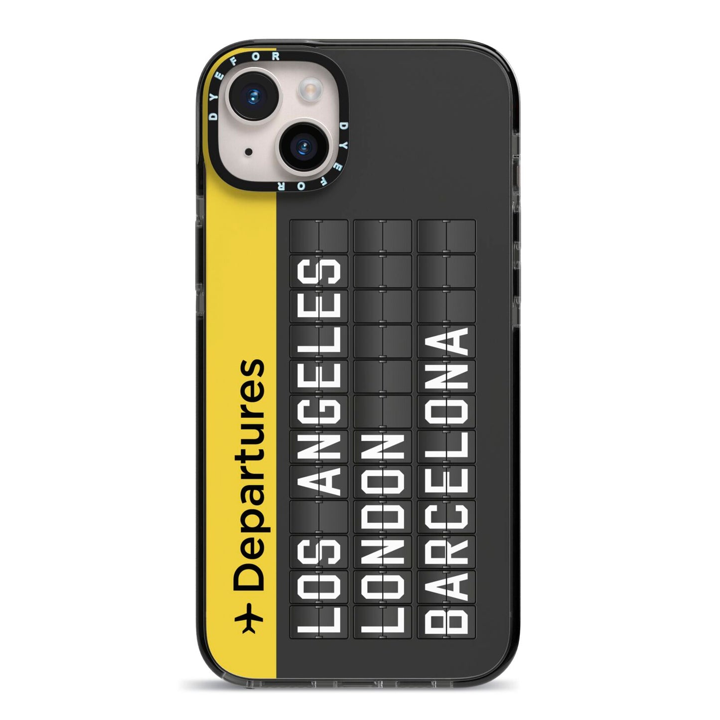 Airport Departures Board iPhone 14 Plus Black Impact Case on Silver phone