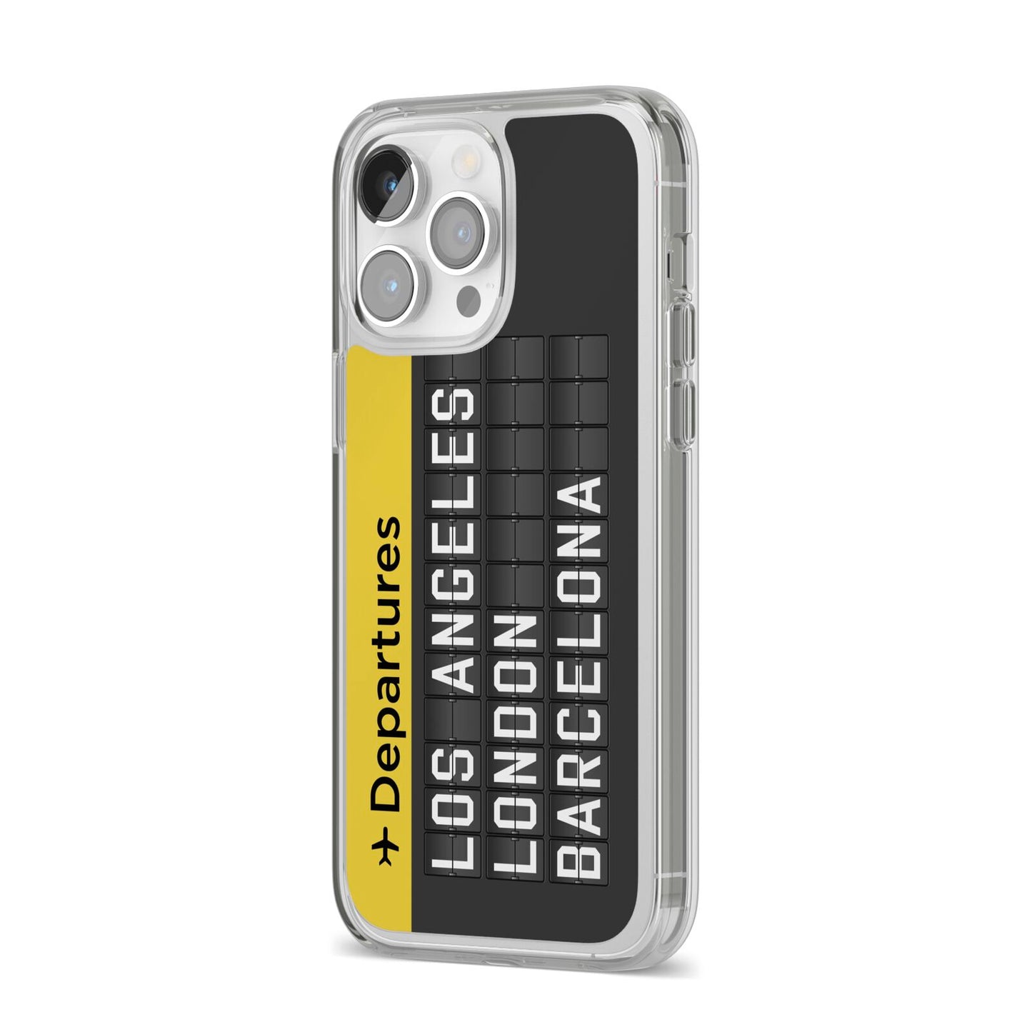 Airport Departures Board iPhone 14 Pro Max Clear Tough Case Silver Angled Image