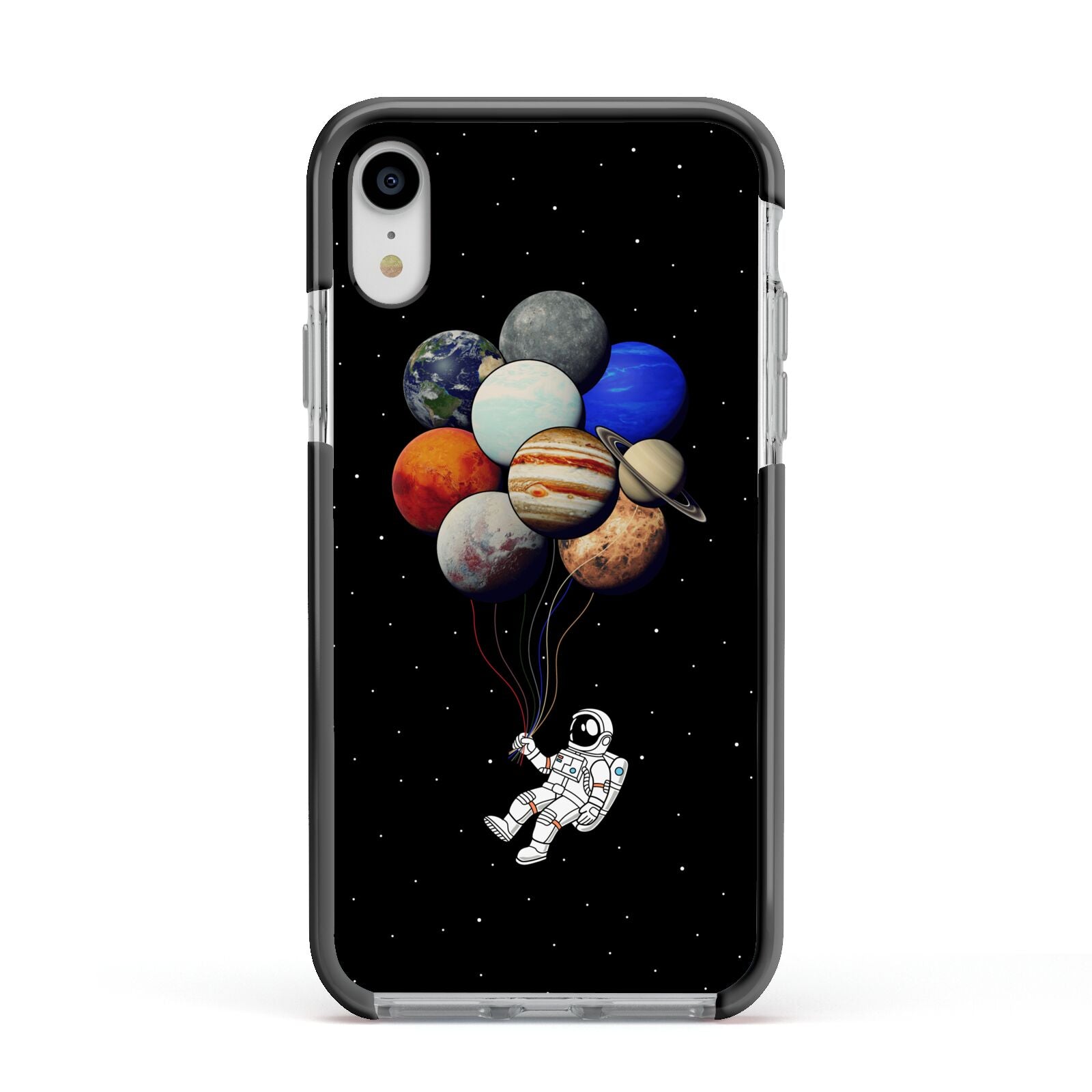 Astronaut Planet Balloons Apple iPhone XR Impact Case Black Edge on Silver Phone