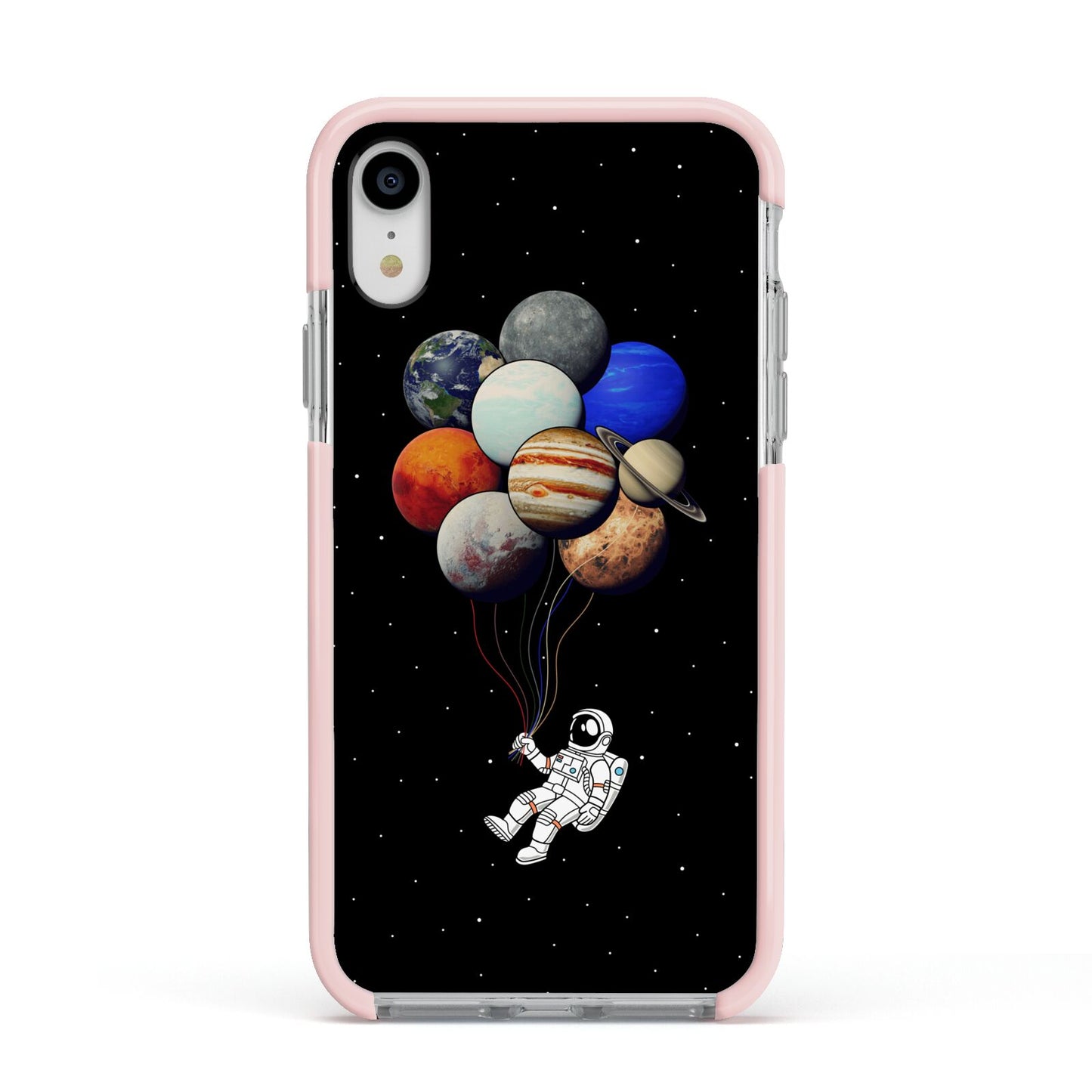 Astronaut Planet Balloons Apple iPhone XR Impact Case Pink Edge on Silver Phone