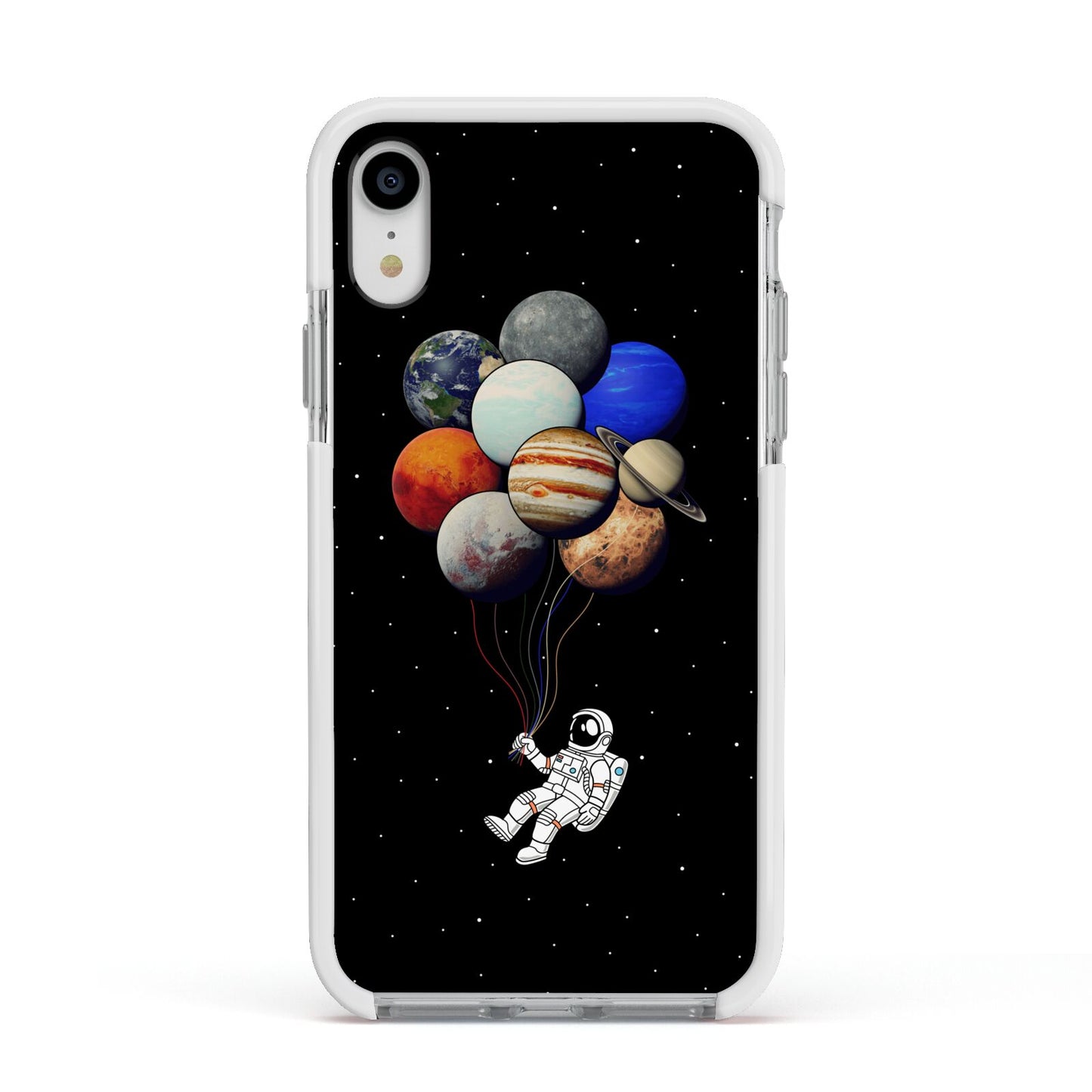Astronaut Planet Balloons Apple iPhone XR Impact Case White Edge on Silver Phone