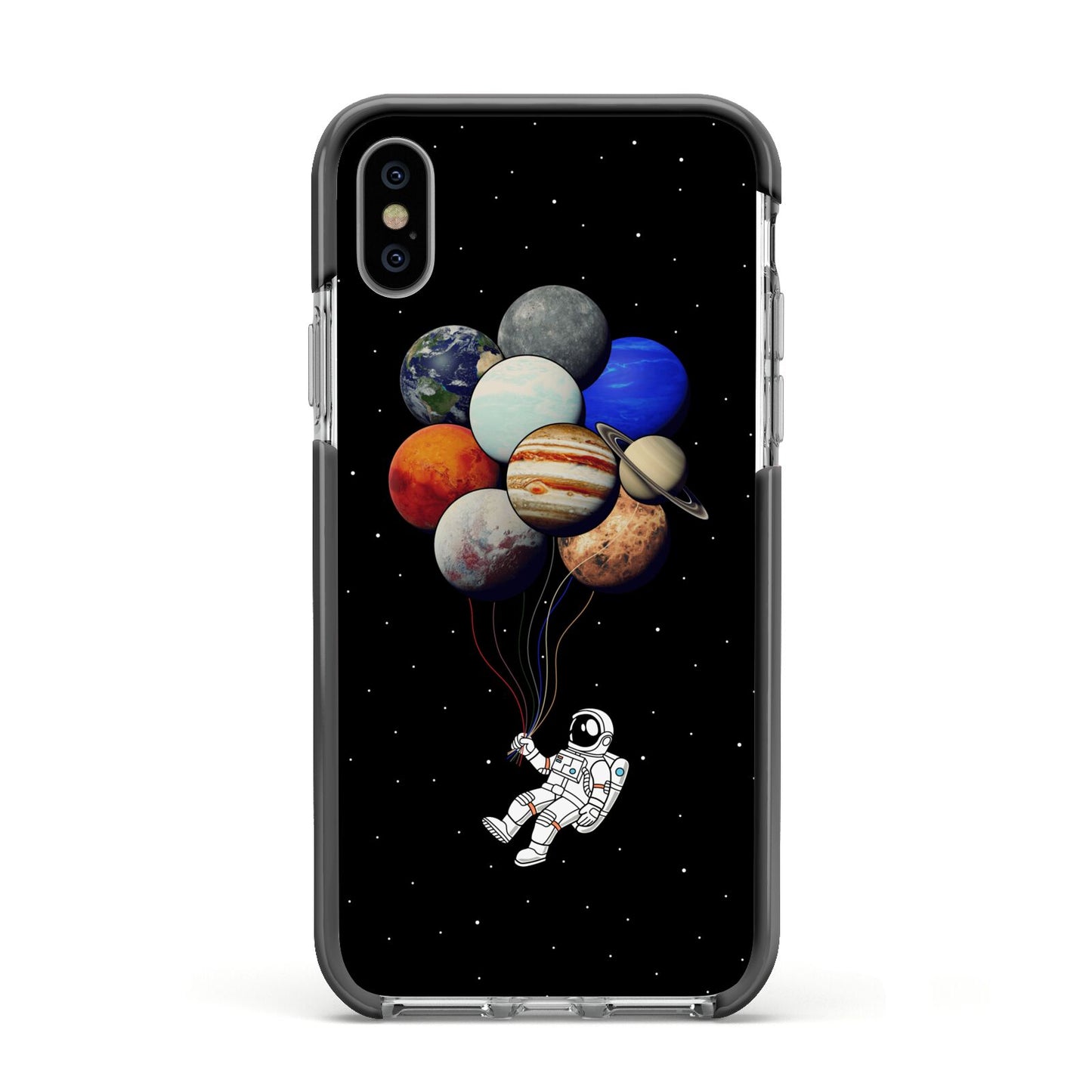 Astronaut Planet Balloons Apple iPhone Xs Impact Case Black Edge on Silver Phone
