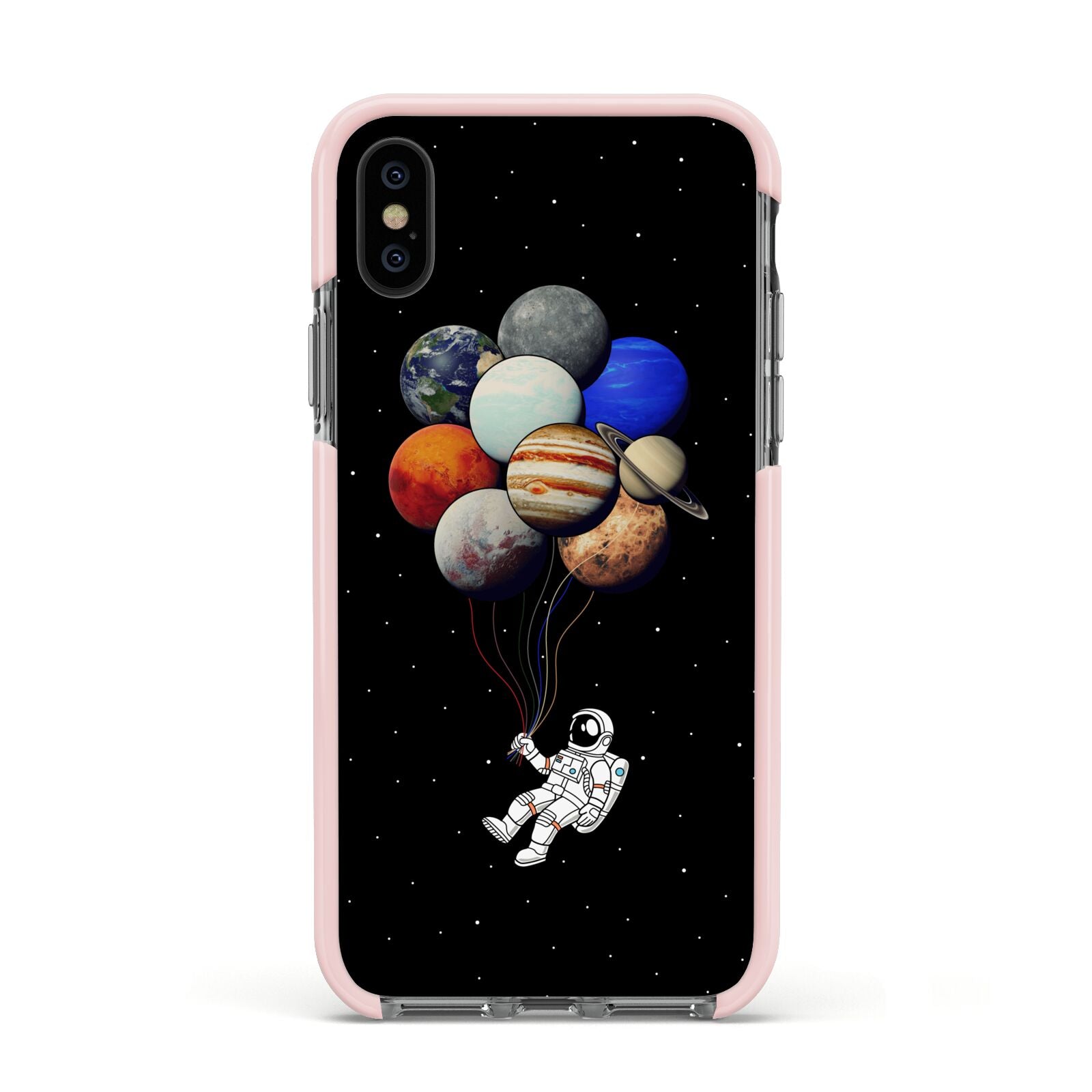 Astronaut Planet Balloons Apple iPhone Xs Impact Case Pink Edge on Black Phone
