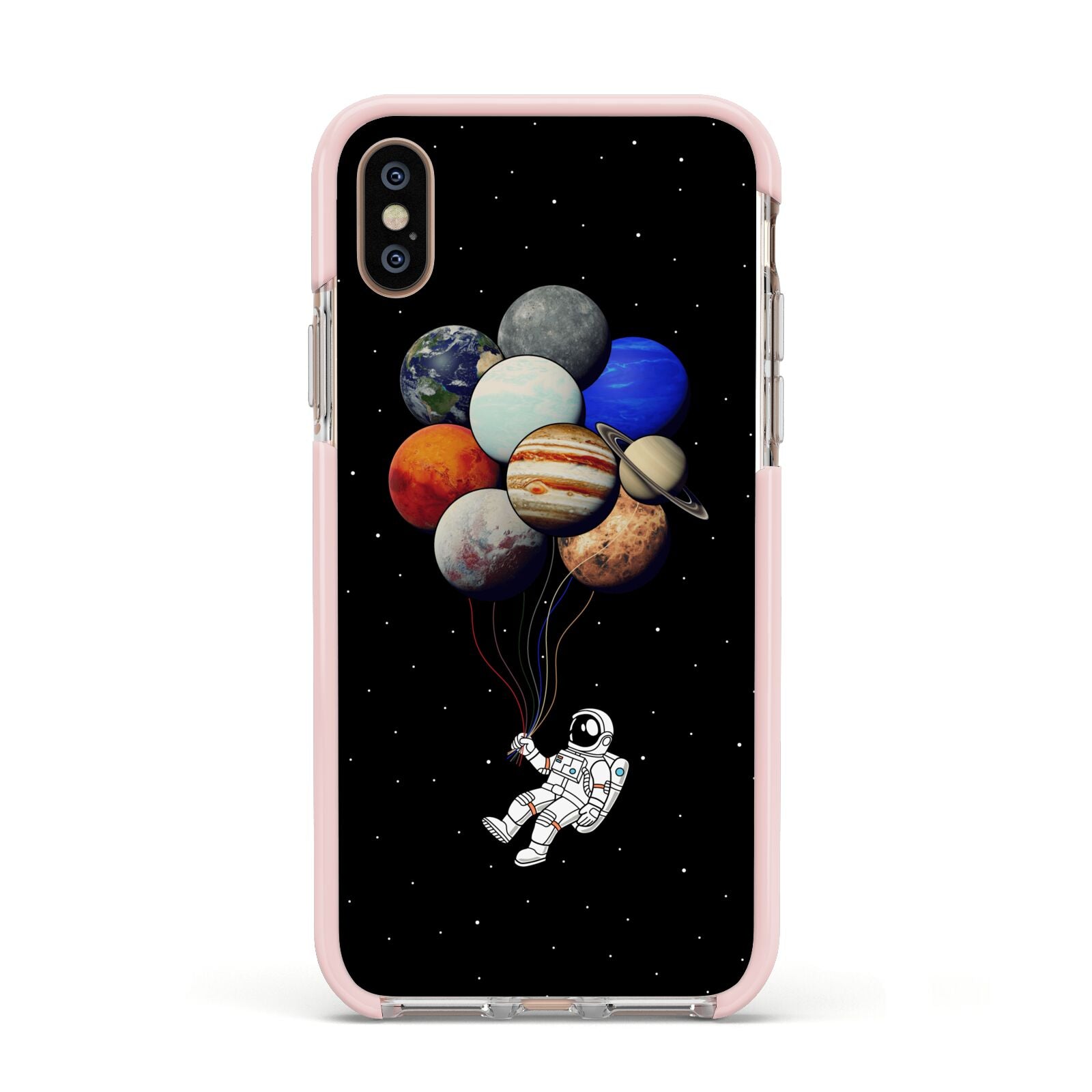 Astronaut Planet Balloons Apple iPhone Xs Impact Case Pink Edge on Gold Phone