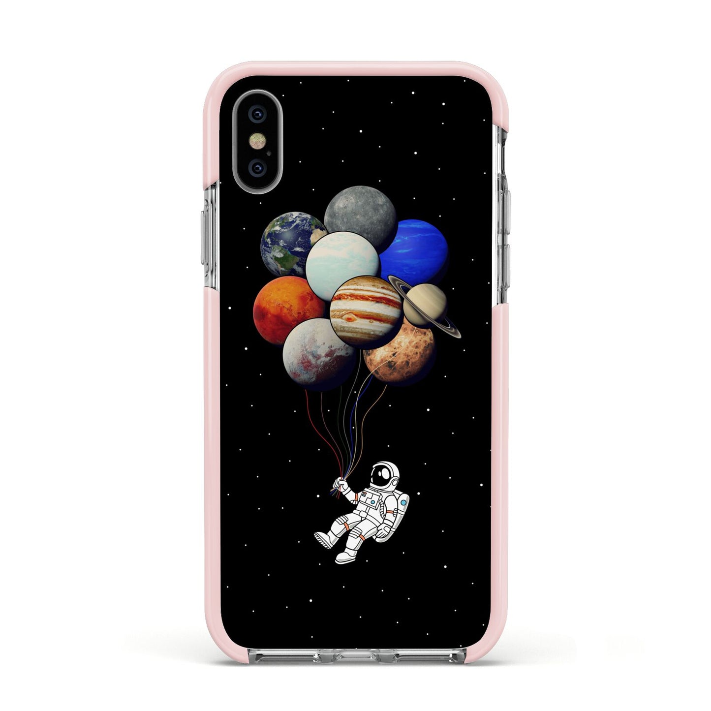 Astronaut Planet Balloons Apple iPhone Xs Impact Case Pink Edge on Silver Phone