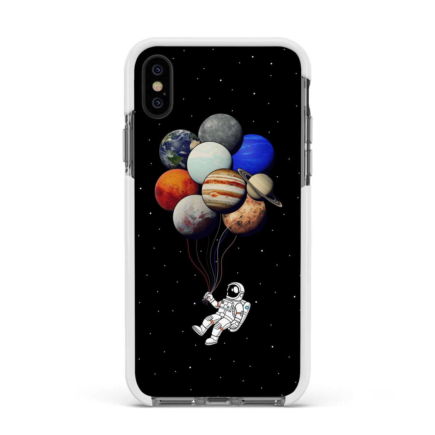 Astronaut Planet Balloons Apple iPhone Xs Impact Case White Edge on Black Phone