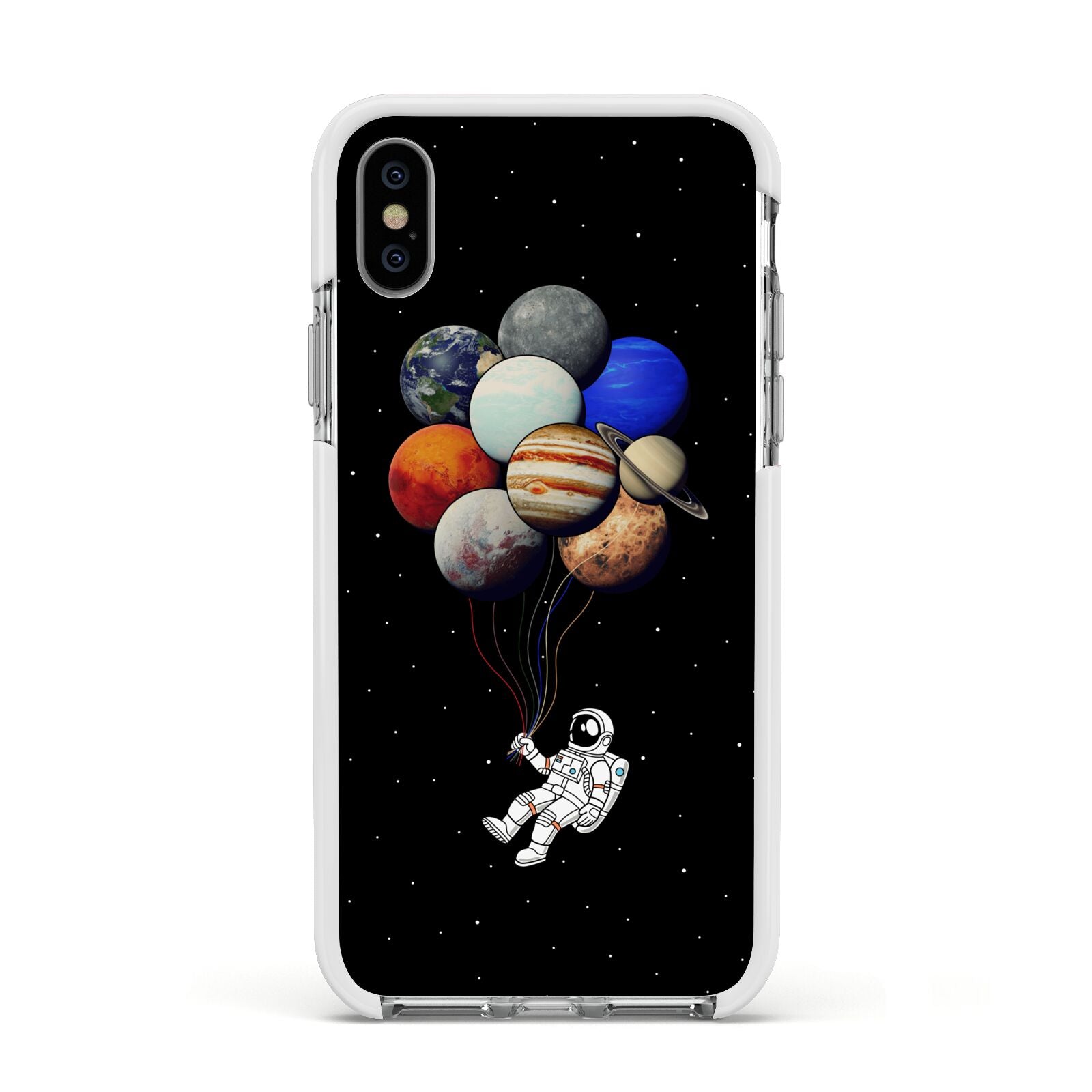 Astronaut Planet Balloons Apple iPhone Xs Impact Case White Edge on Silver Phone