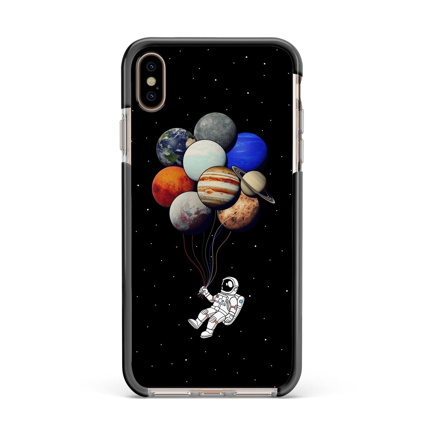 Astronaut Planet Balloons Apple iPhone Xs Max Impact Case Black Edge on Gold Phone