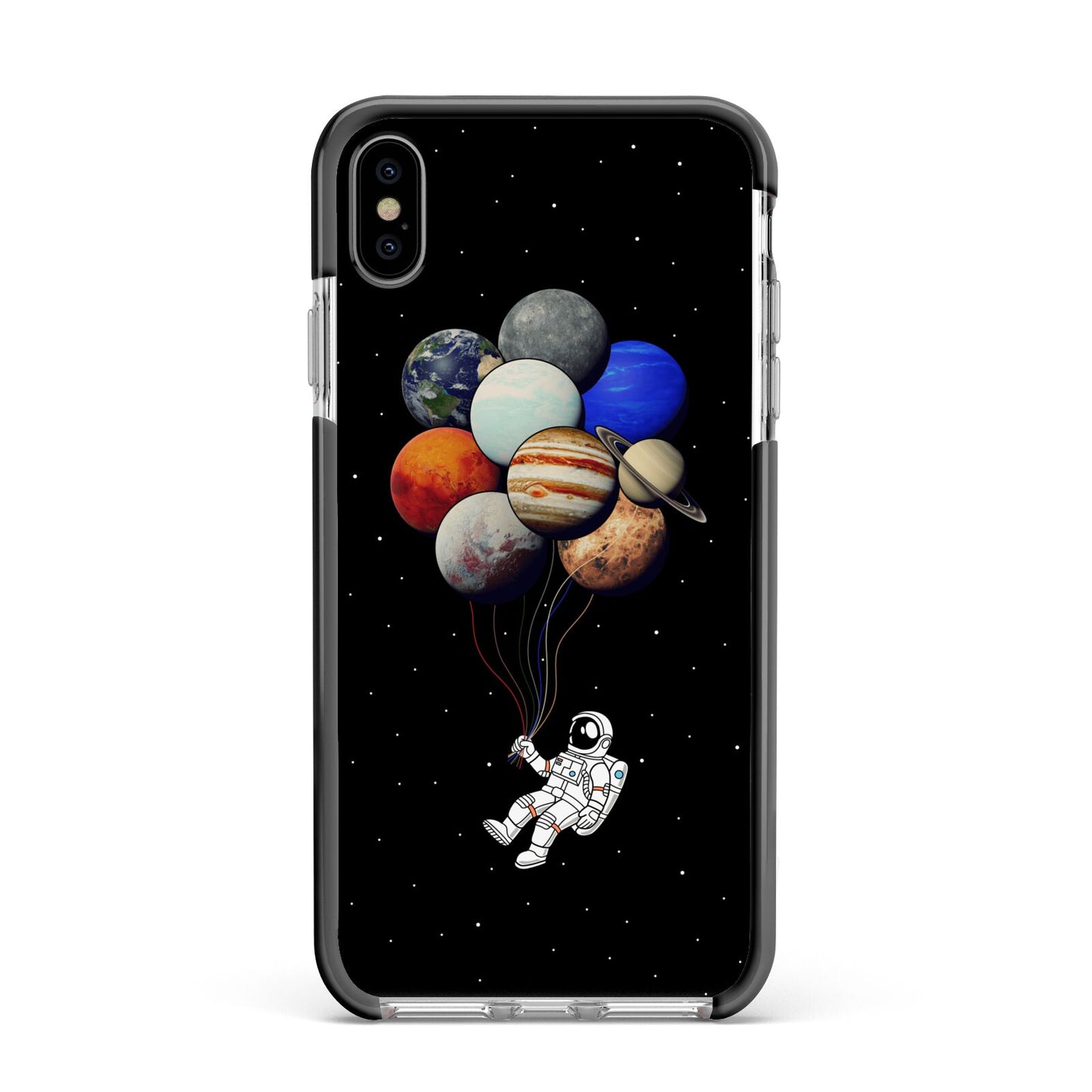 Astronaut Planet Balloons Apple iPhone Xs Max Impact Case Black Edge on Silver Phone