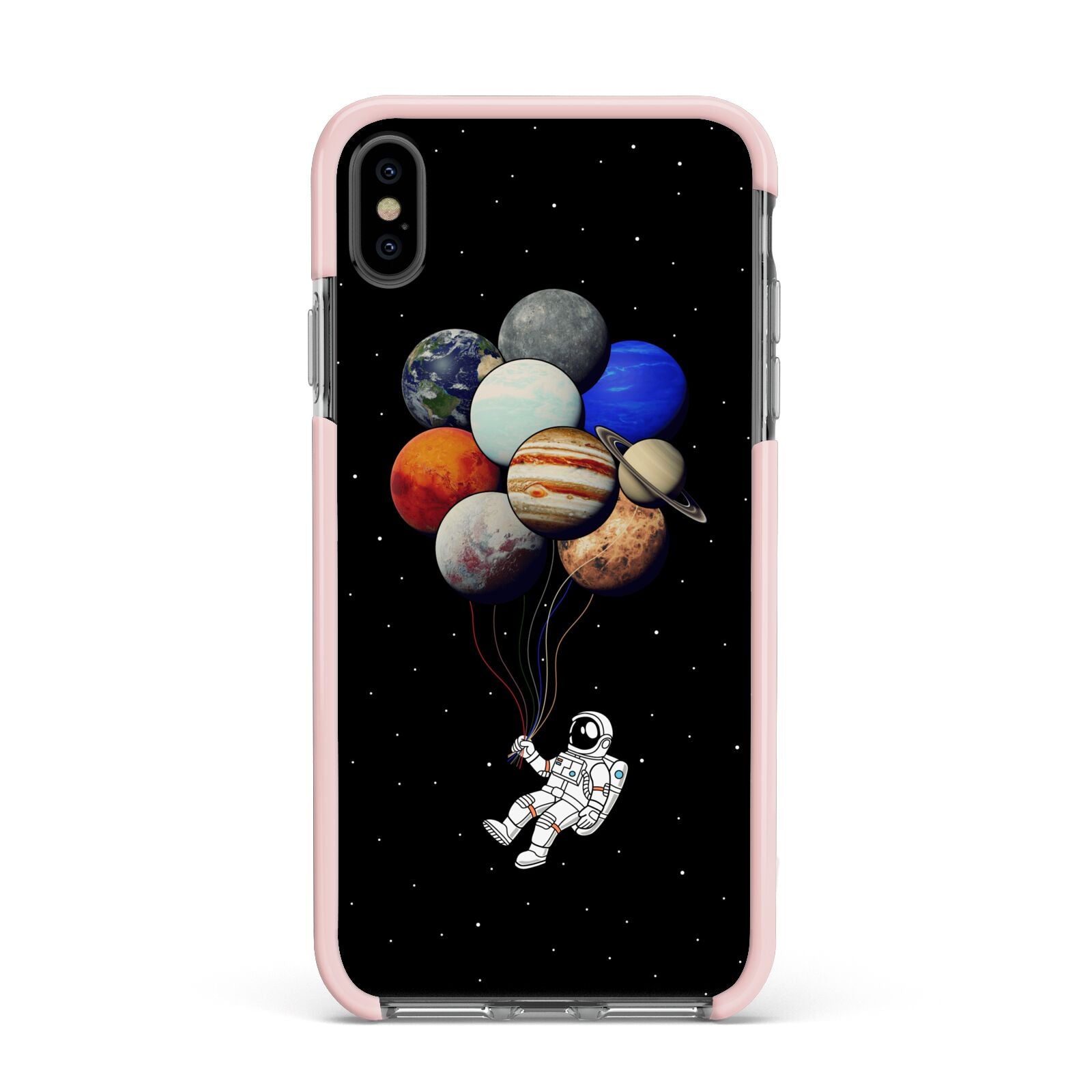 Astronaut Planet Balloons Apple iPhone Xs Max Impact Case Pink Edge on Black Phone