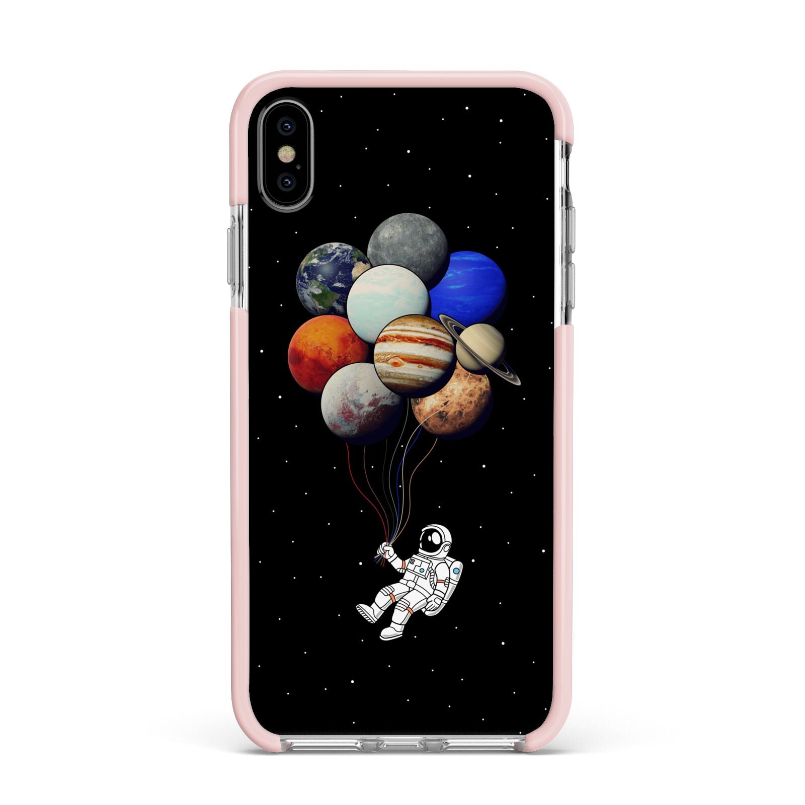 Astronaut Planet Balloons Apple iPhone Xs Max Impact Case Pink Edge on Silver Phone