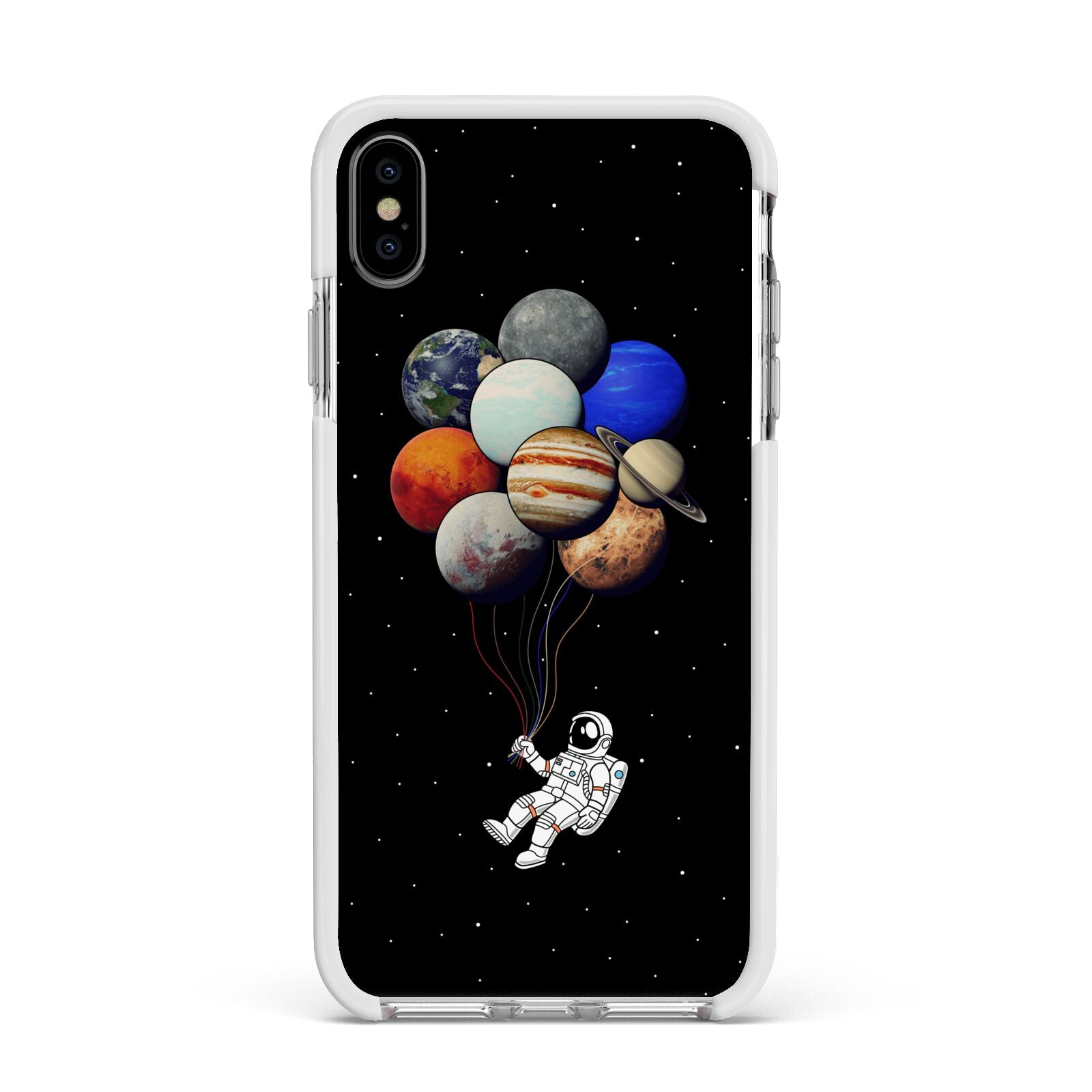 Astronaut Planet Balloons Apple iPhone Xs Max Impact Case White Edge on Silver Phone