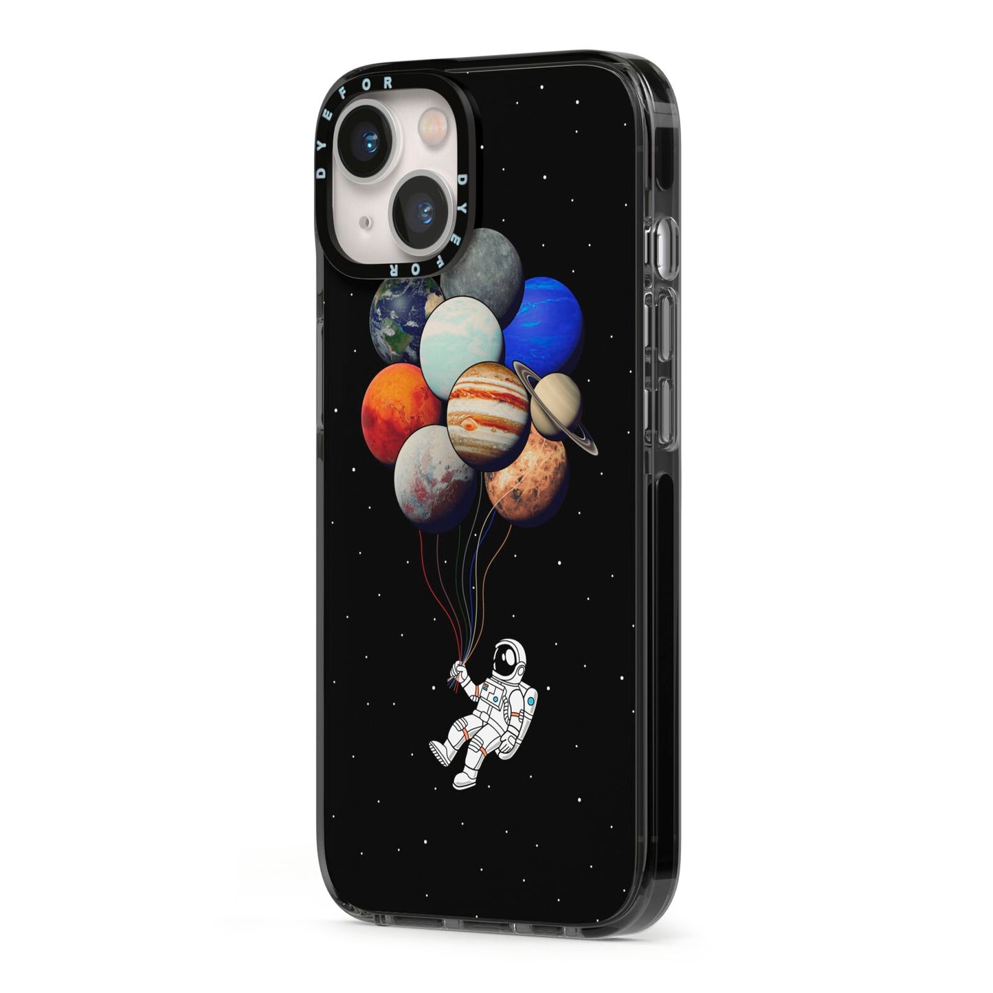 Astronaut Planet Balloons iPhone 13 Black Impact Case Side Angle on Silver phone