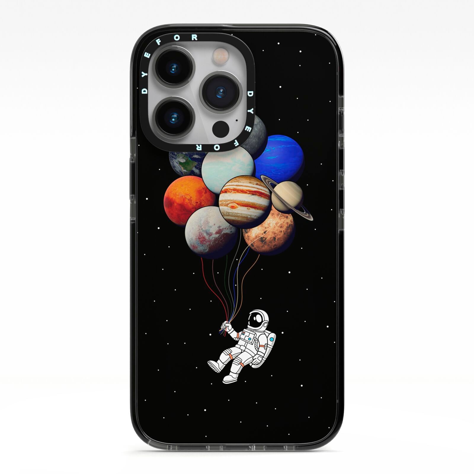 Astronaut Planet Balloons iPhone 13 Pro Black Impact Case on Silver phone