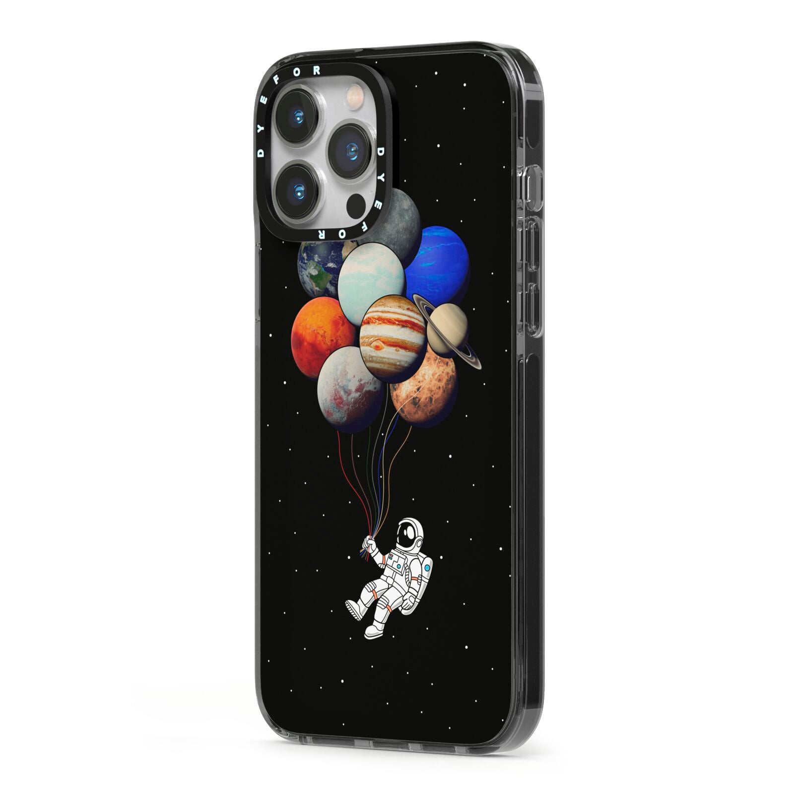 Astronaut Planet Balloons iPhone 13 Pro Max Black Impact Case Side Angle on Silver phone