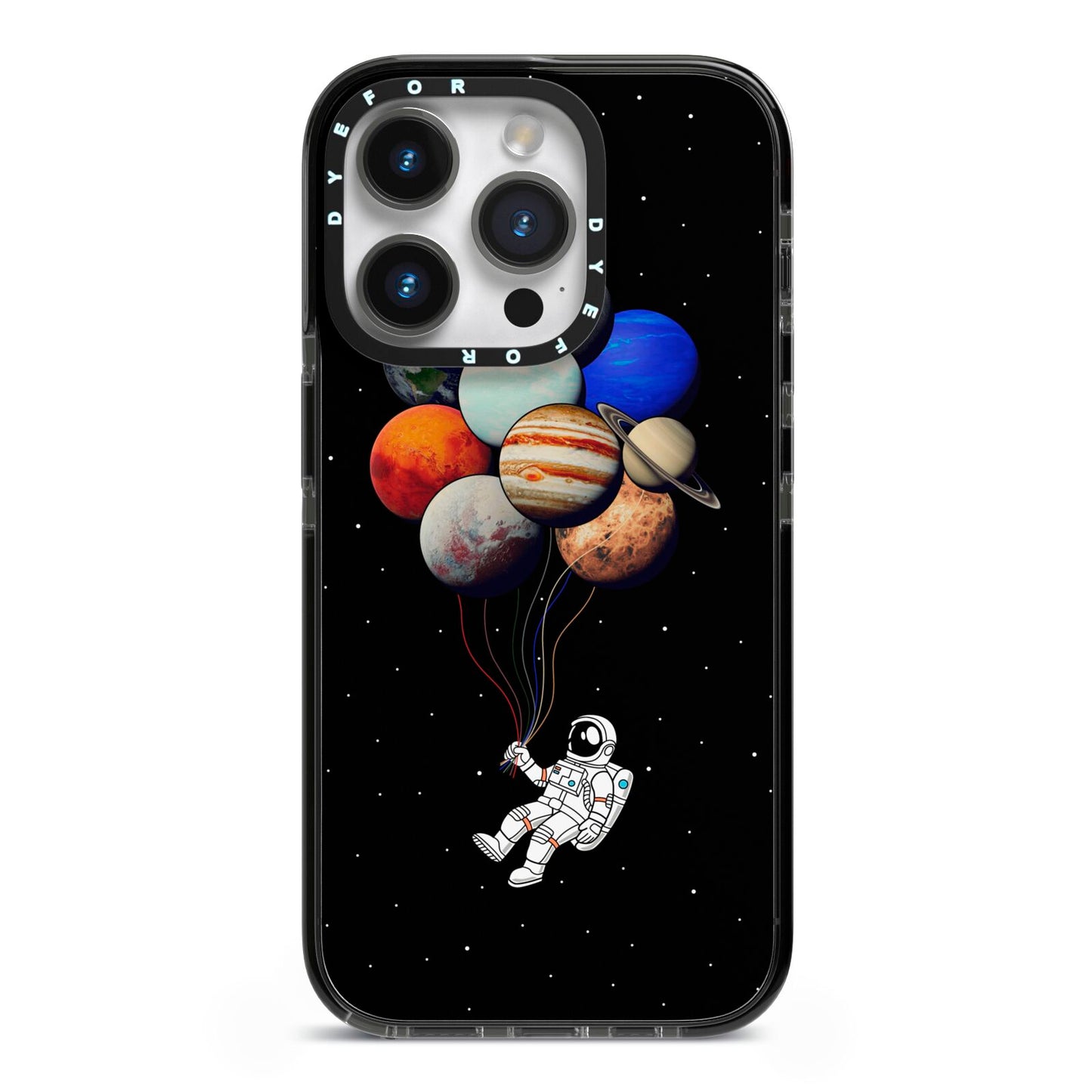 Astronaut Planet Balloons iPhone 14 Pro Black Impact Case on Silver phone