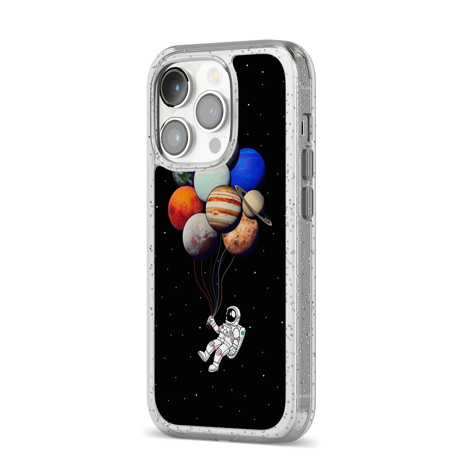 Astronaut Planet Balloons iPhone 14 Pro Glitter Tough Case Silver Angled Image