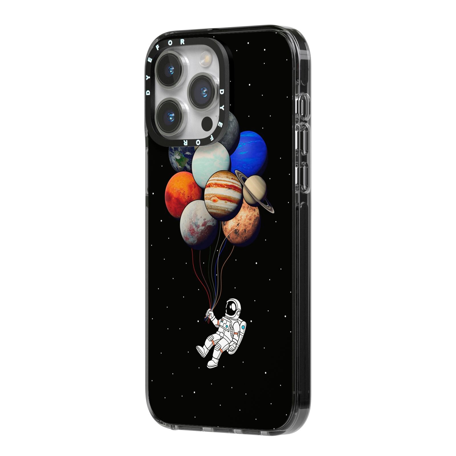 Astronaut Planet Balloons iPhone 14 Pro Max Black Impact Case Side Angle on Silver phone