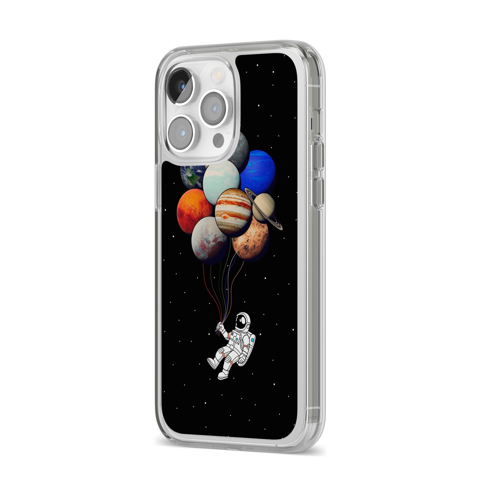 Astronaut Planet Balloons iPhone 14 Pro Max Clear Tough Case Silver Angled Image