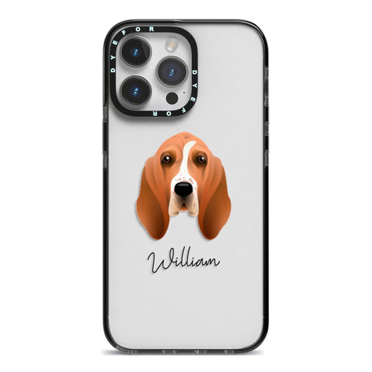 Basset Hound Personalised iPhone 14 Pro Max Black Impact Case on Silver phone