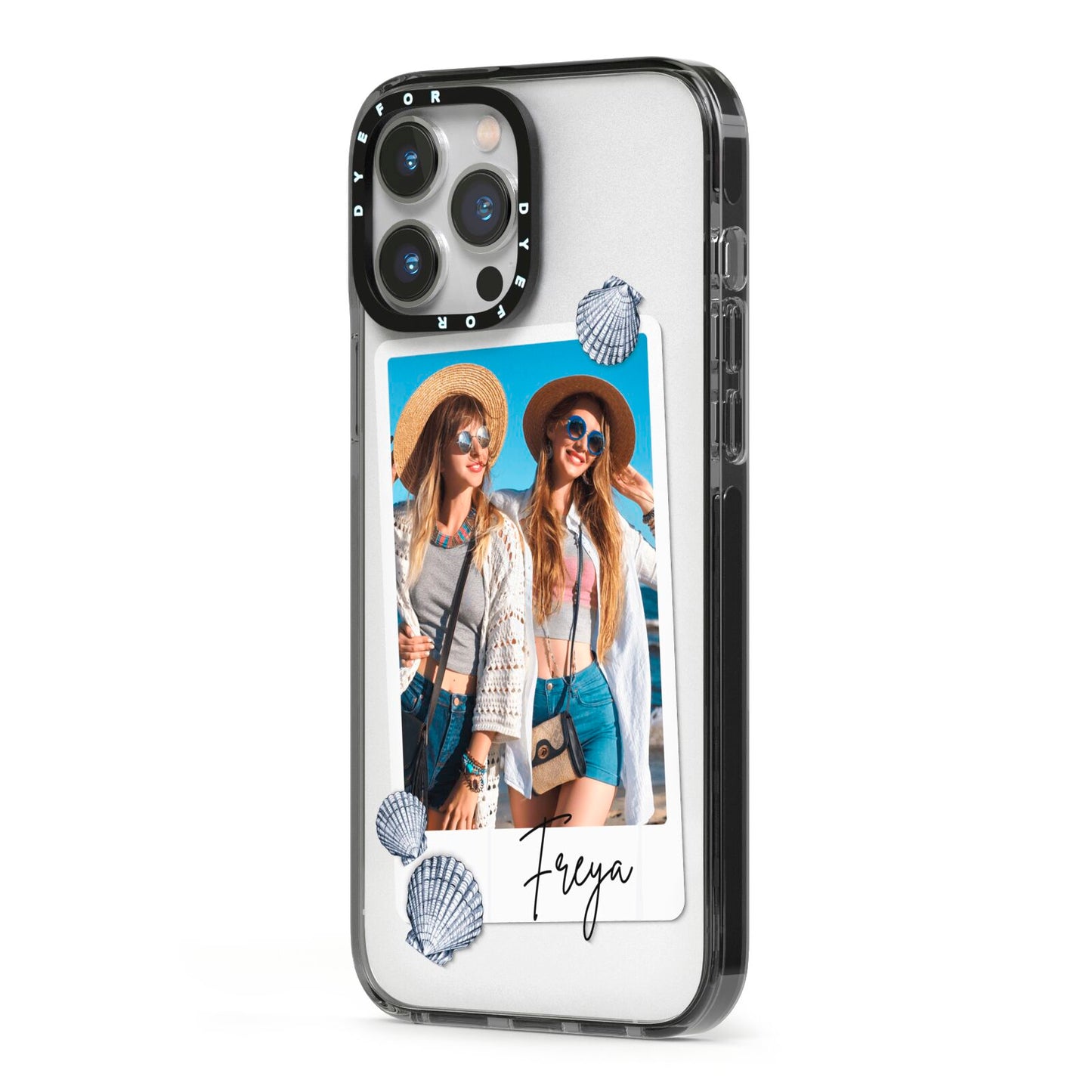 Beach Photo iPhone 13 Pro Max Black Impact Case Side Angle on Silver phone