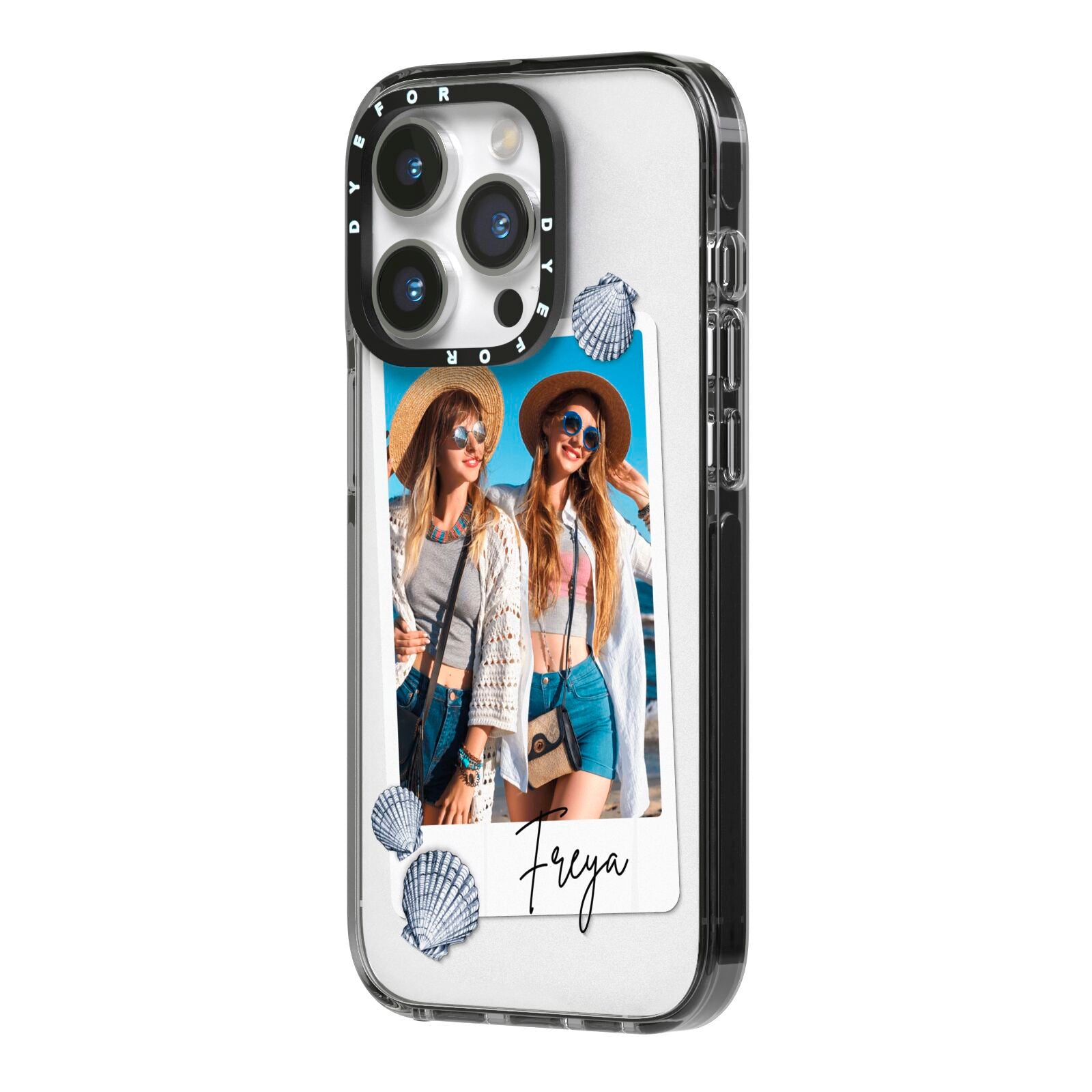 Beach Photo iPhone 14 Pro Black Impact Case Side Angle on Silver phone