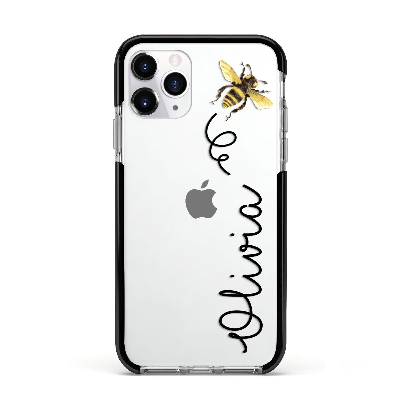 Bee in Flight Personalised Name Apple iPhone 11 Pro in Silver with Black Impact Case