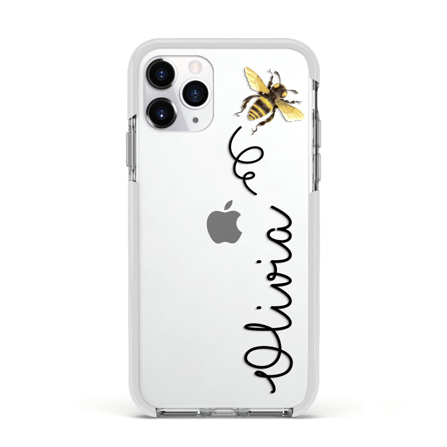 Bee in Flight Personalised Name Apple iPhone 11 Pro in Silver with White Impact Case