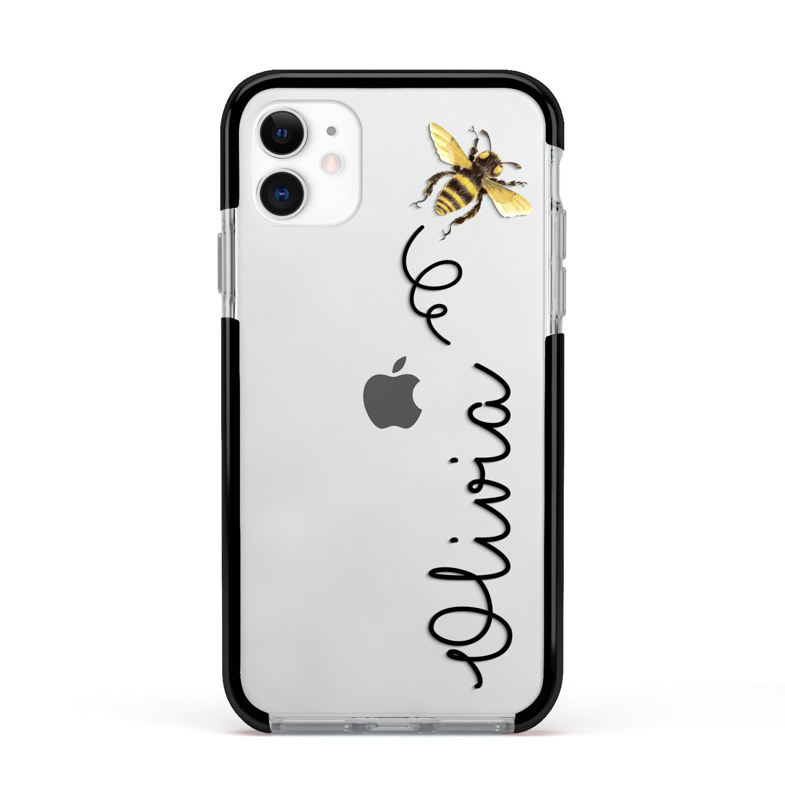 Bee in Flight Personalised Name Apple iPhone 11 in White with Black Impact Case