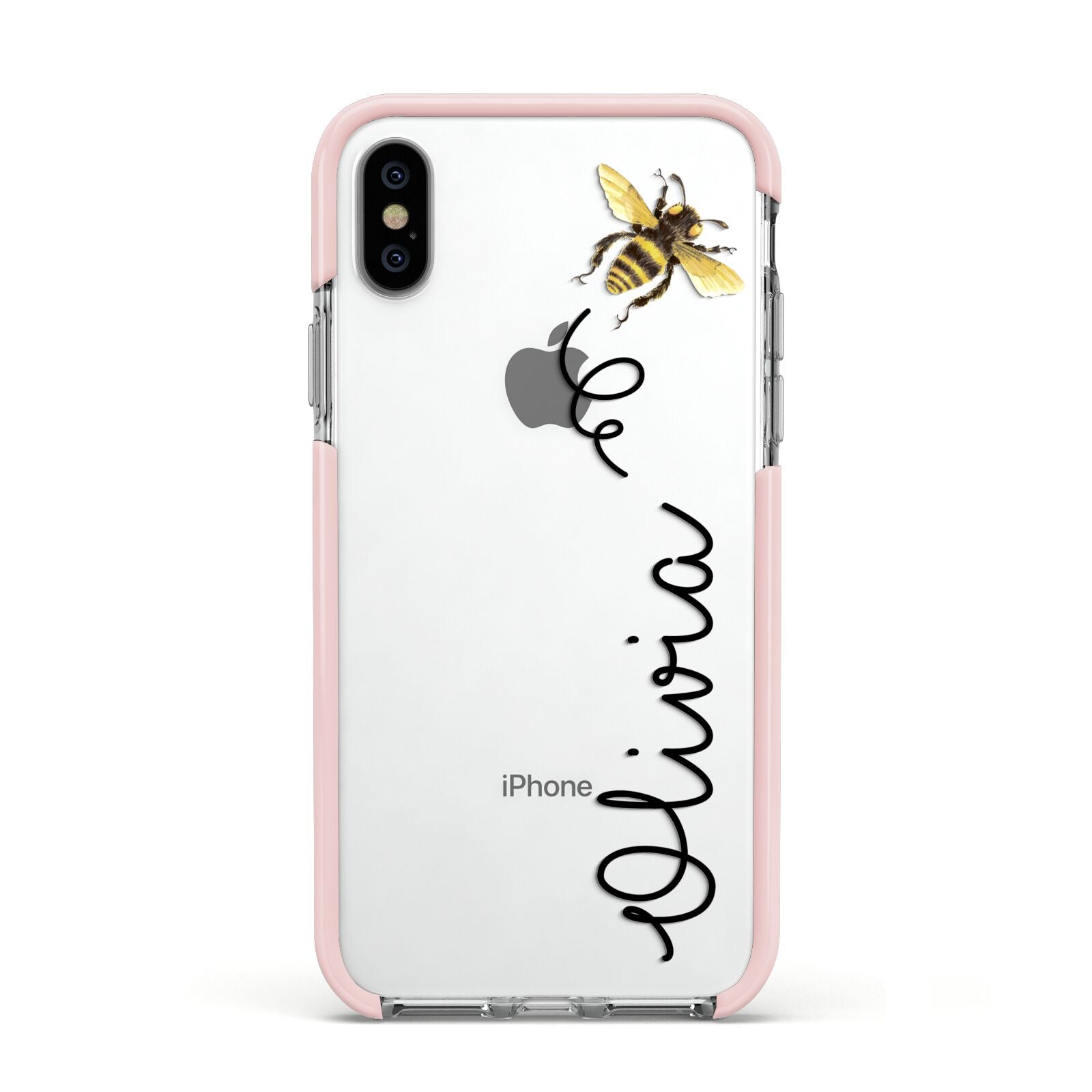 Bee in Flight Personalised Name Apple iPhone Xs Impact Case Pink Edge on Silver Phone