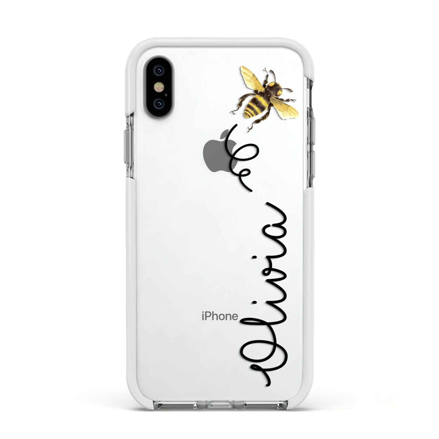 Bee in Flight Personalised Name Apple iPhone Xs Impact Case White Edge on Silver Phone