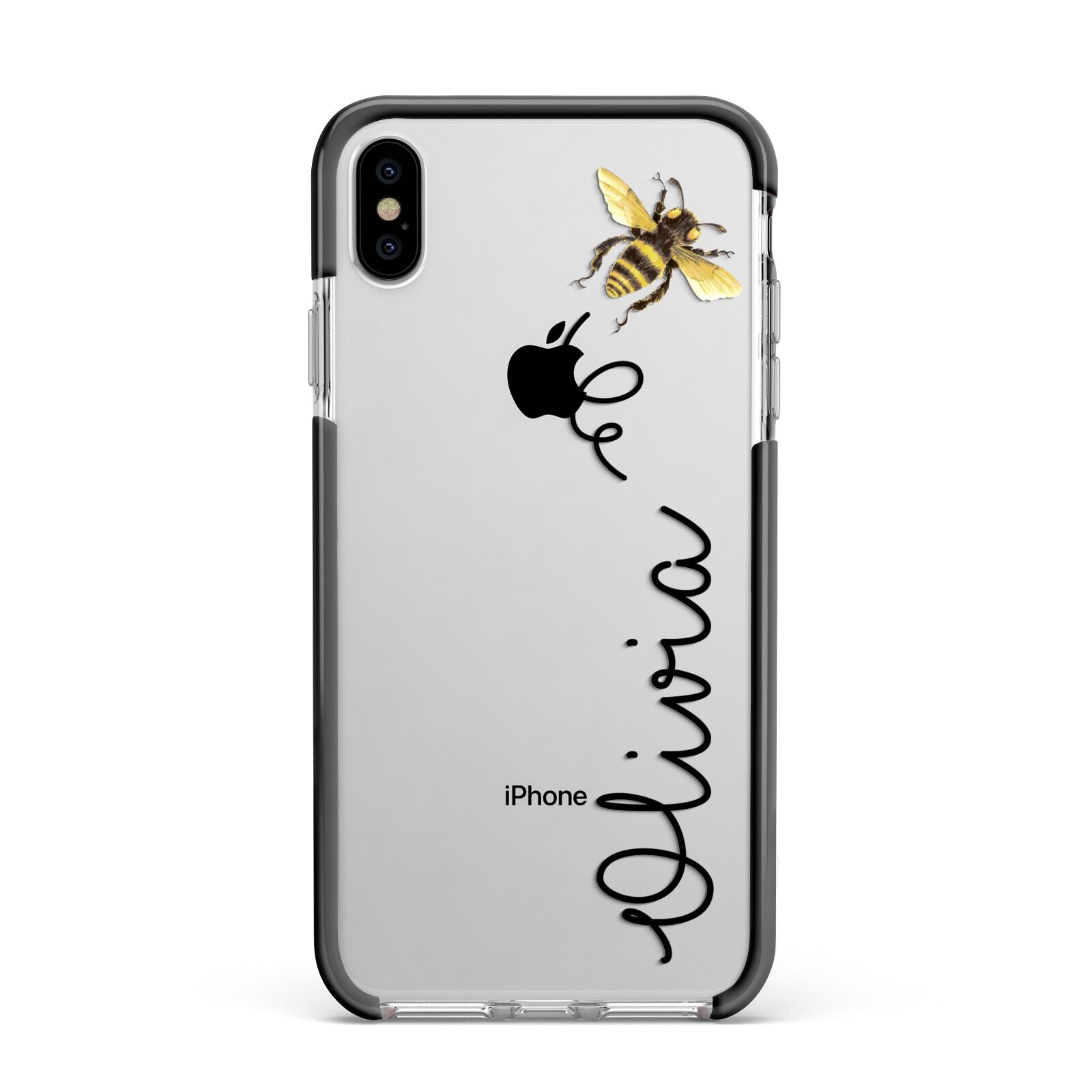 Bee in Flight Personalised Name Apple iPhone Xs Max Impact Case Black Edge on Silver Phone