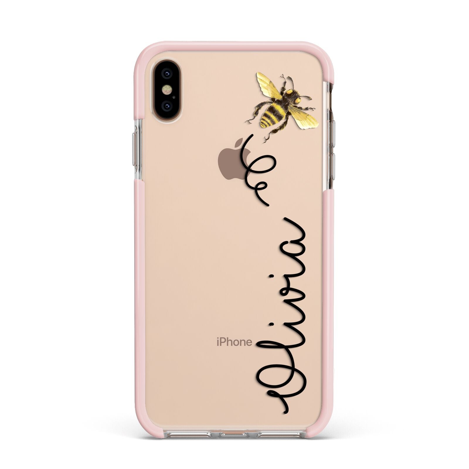 Bee in Flight Personalised Name Apple iPhone Xs Max Impact Case Pink Edge on Gold Phone