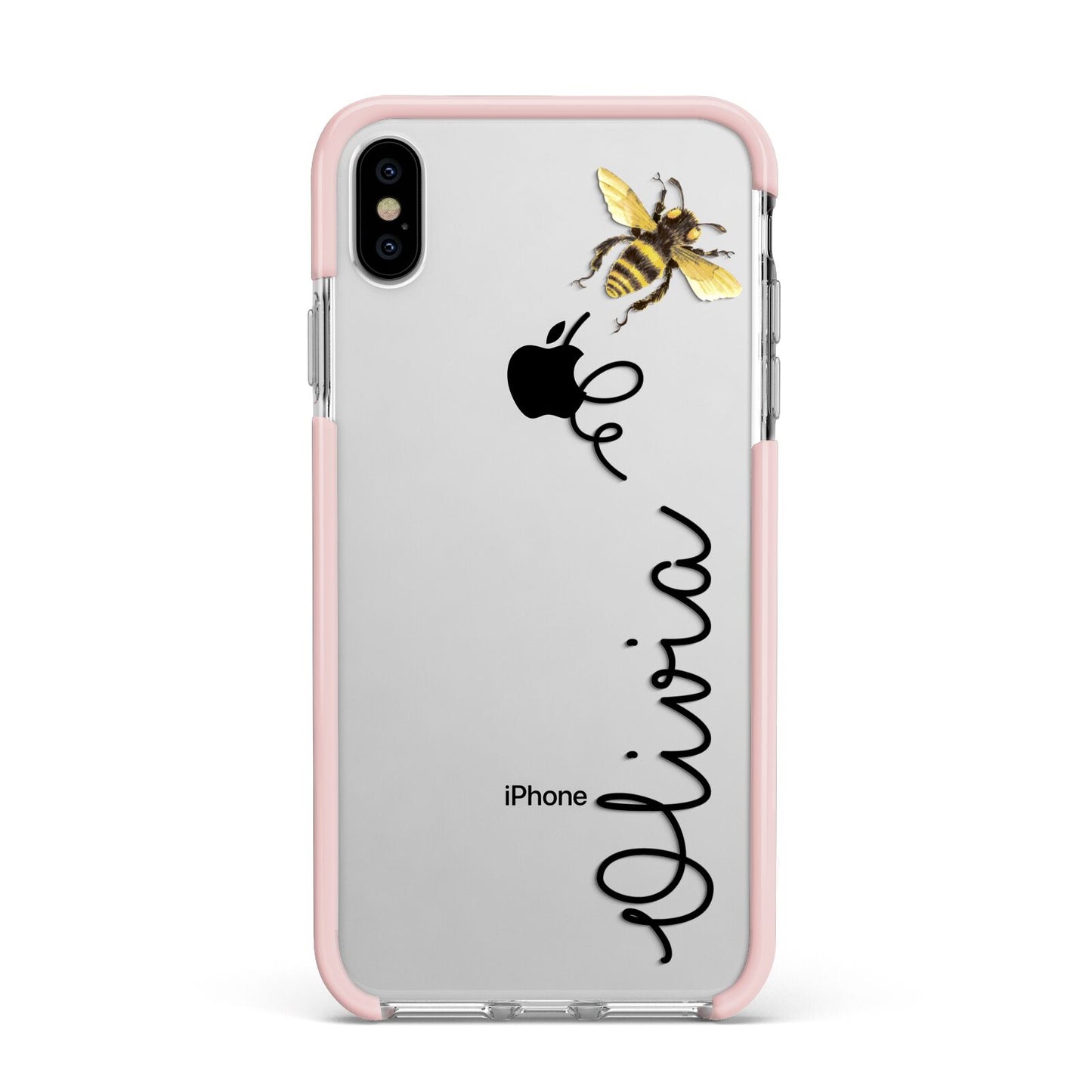 Bee in Flight Personalised Name Apple iPhone Xs Max Impact Case Pink Edge on Silver Phone