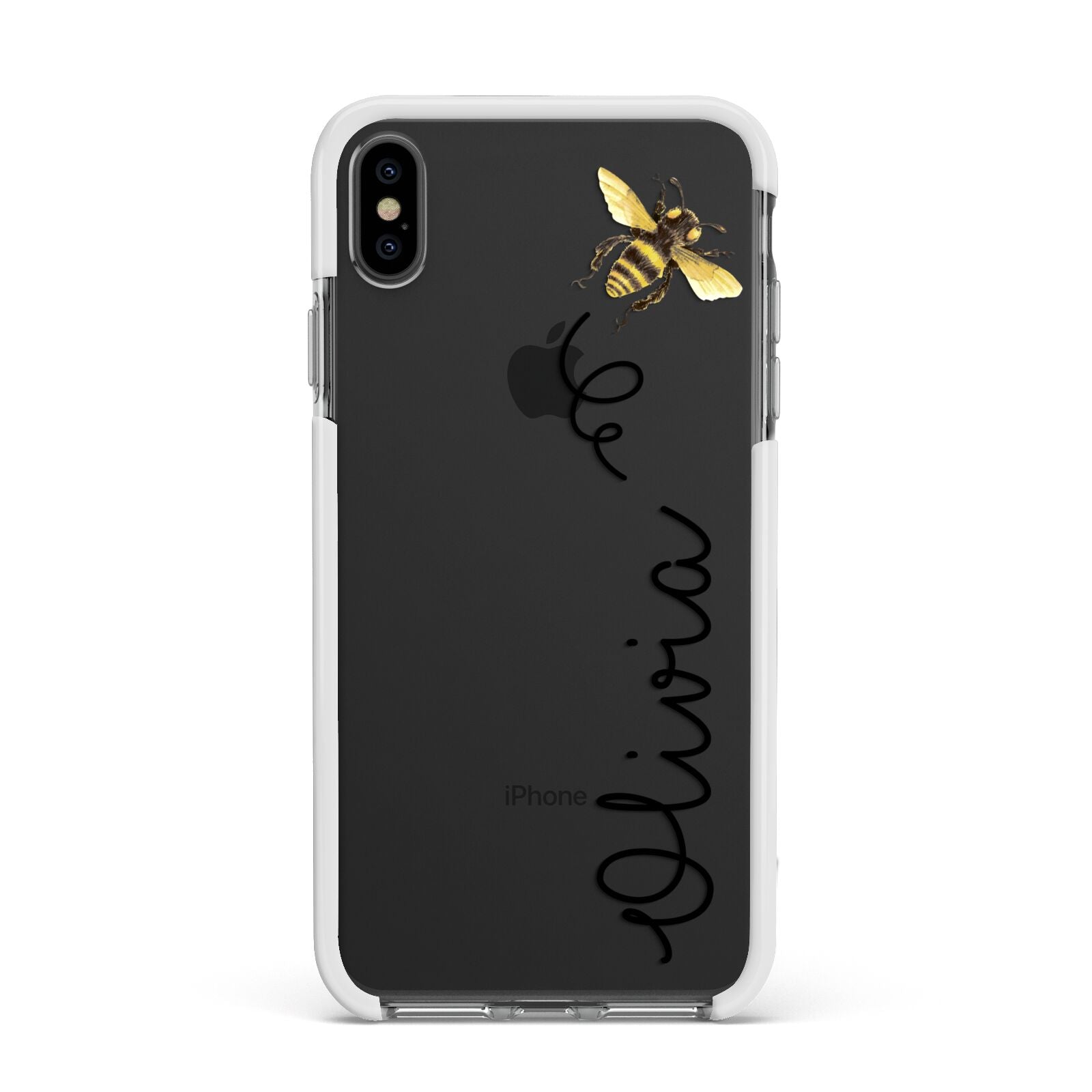 Bee in Flight Personalised Name Apple iPhone Xs Max Impact Case White Edge on Black Phone