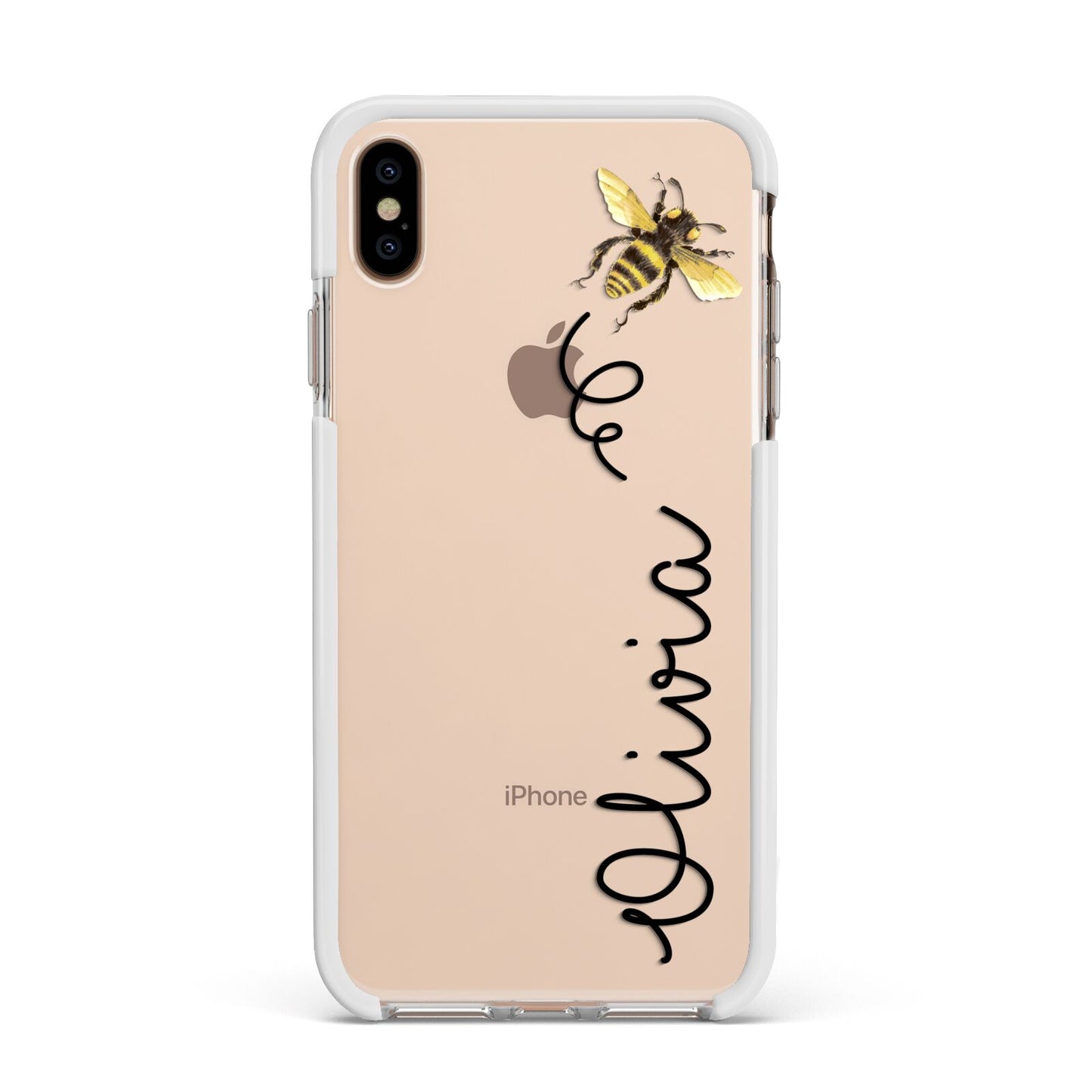Bee in Flight Personalised Name Apple iPhone Xs Max Impact Case White Edge on Gold Phone