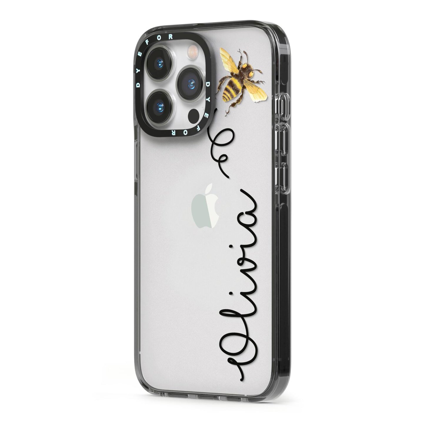Bee in Flight Personalised Name iPhone 13 Pro Black Impact Case Side Angle on Silver phone